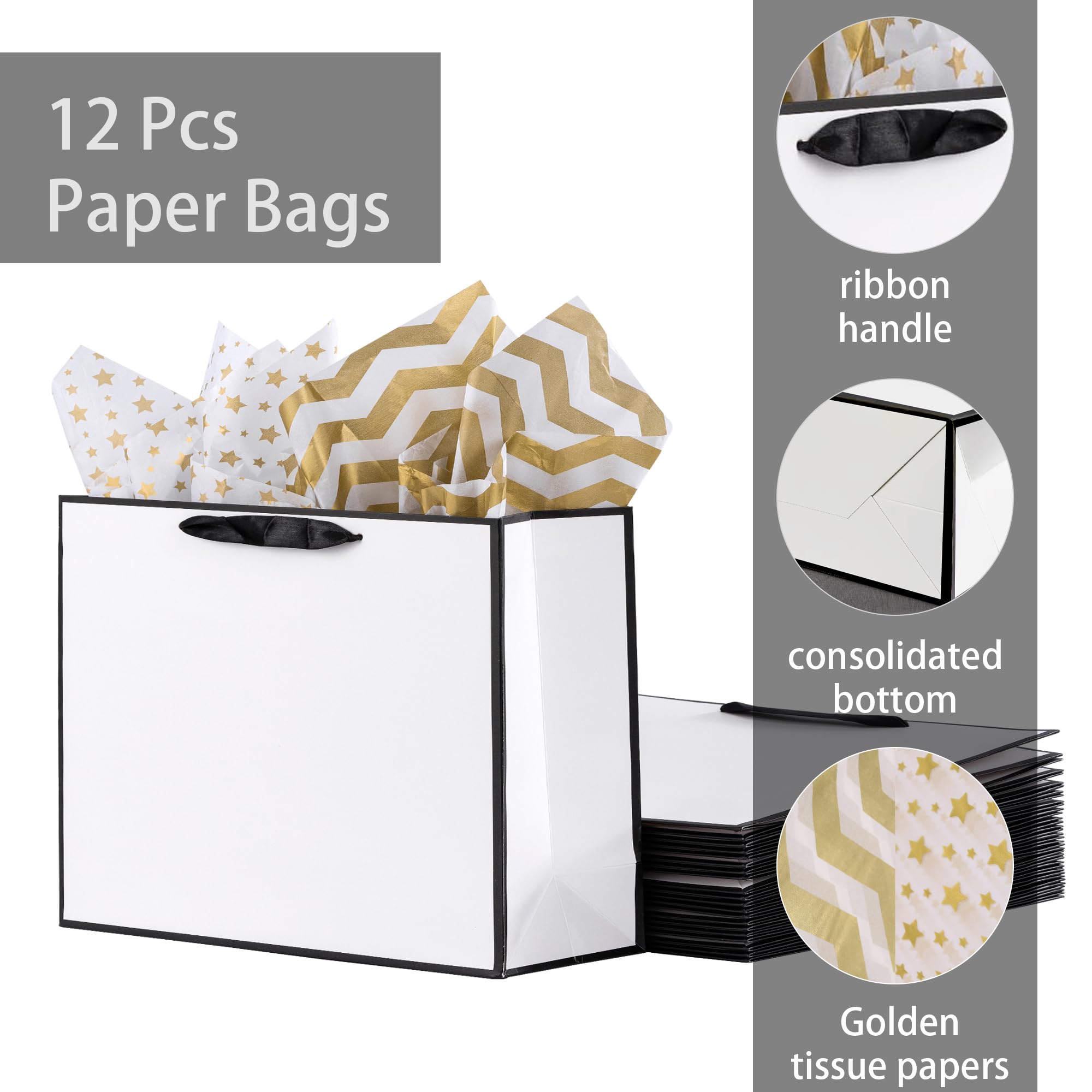 SHIPKEY 12 Pack White Gift Bags with Tissue Paper - 12.5x4.5x11 Inches Large Paper Bags with Ribbon Handles for Birthday, Wedding, Baby Shower & Holiday Gifts