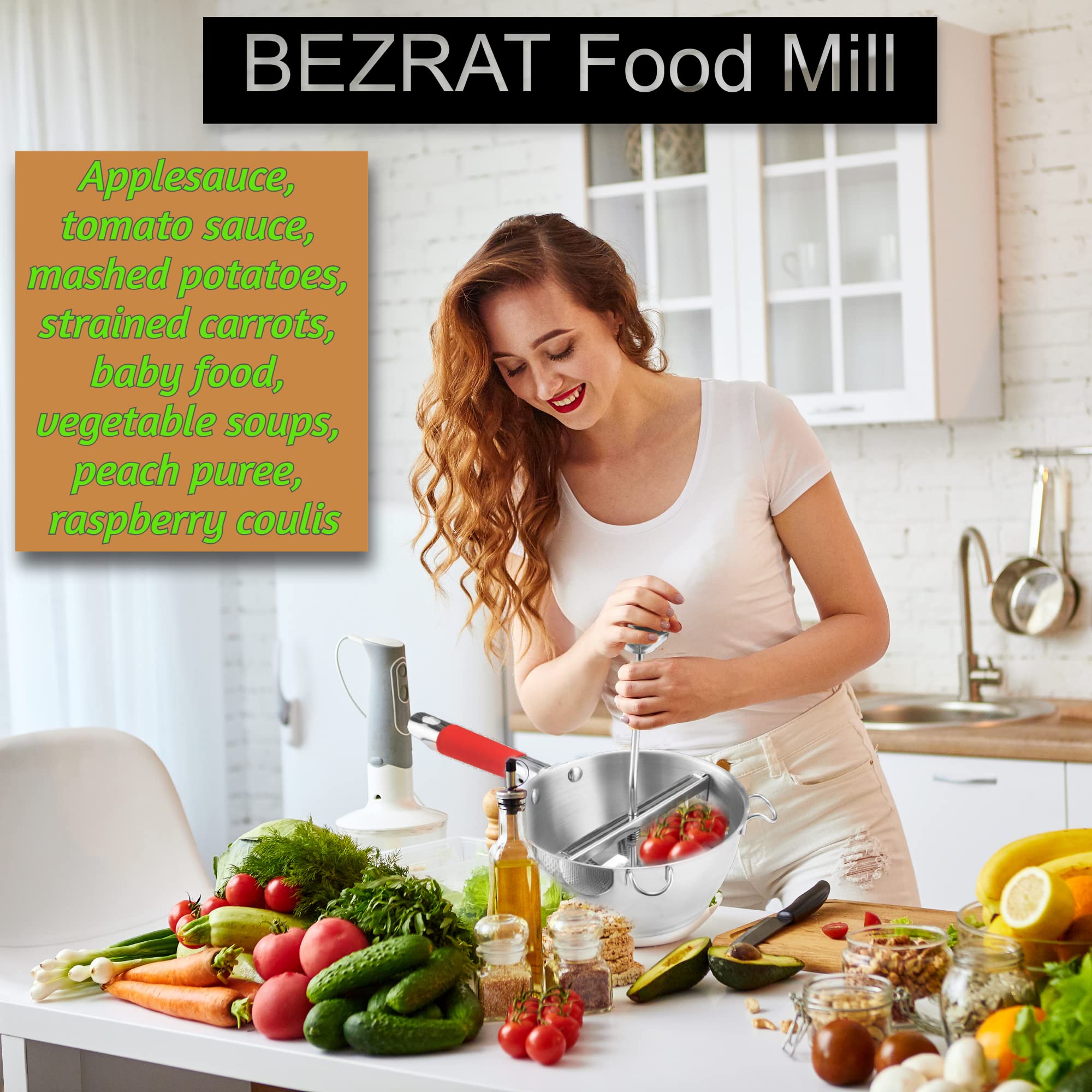 Bezrat 3-in-1 Food Mill with Stainless Steel Bowl - Potato Ricer for Mashed Potatoes, Hand Crank Grain Mill for Mashing Straining Grating Fruits Vegetables - Includes 3 Grinding Discs - Perfect for Baby Food Making, Kitchen Prep & Homemade Purees (Black)