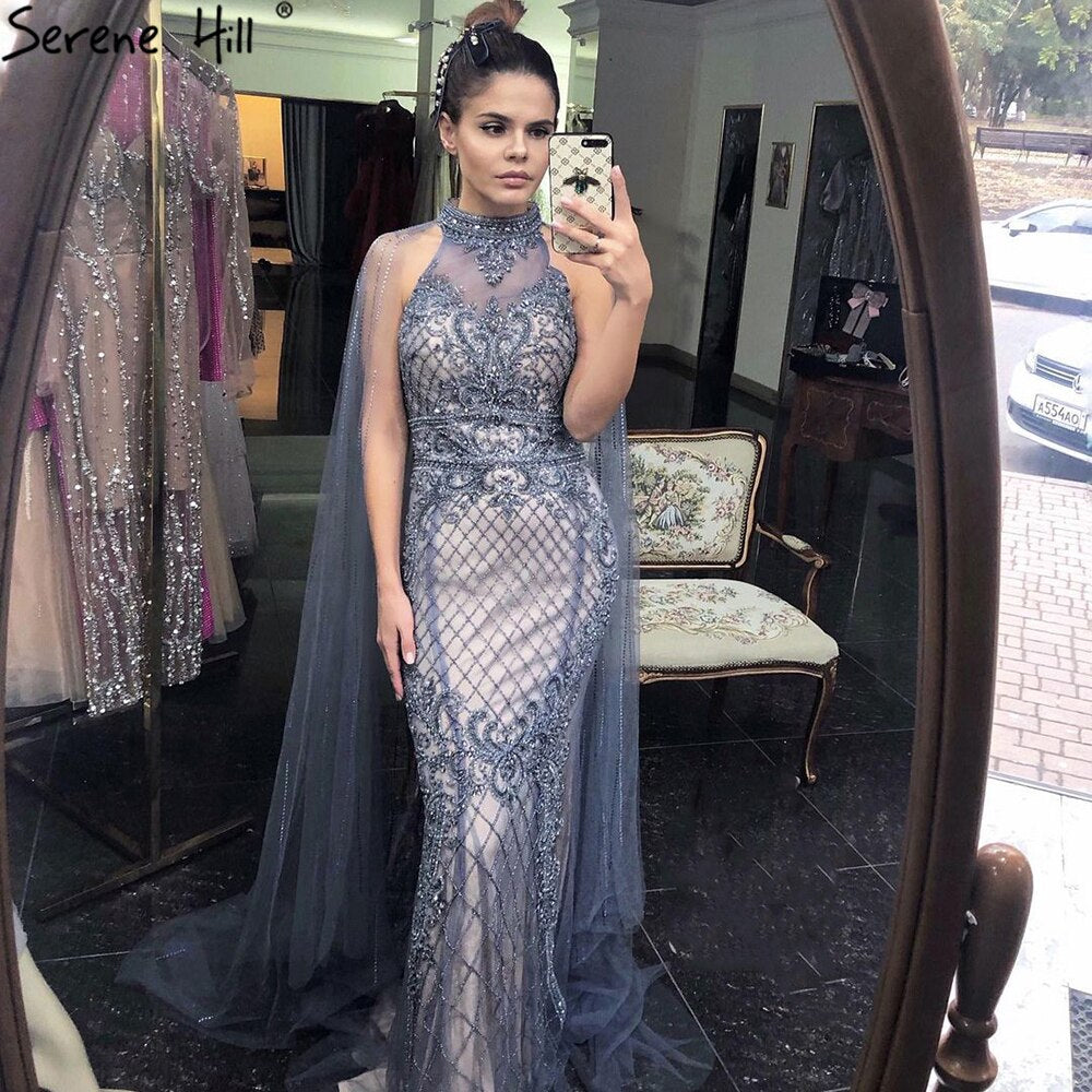 Luxury Navy Blue Mermaid Evening Gown with Train - Elegant Beaded Diamond Dress for Women 2025 | Perfect for Prom, Gala, Wedding & Formal Events - LA70807