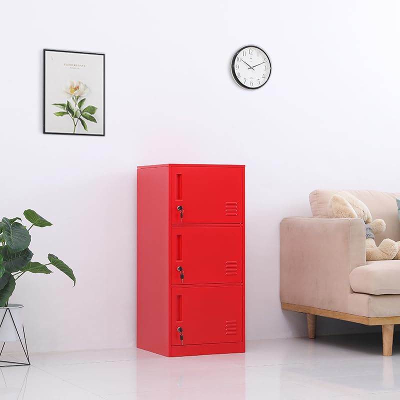 3-Door Metal Vertical Storage Locker for Kids Bedroom - Stackable Steel Cabinet for Toys, Sports Equipment & School Supplies with Anti-Tip Safety Device (Red) - Perfect for Home, Office & Classroom Organization
