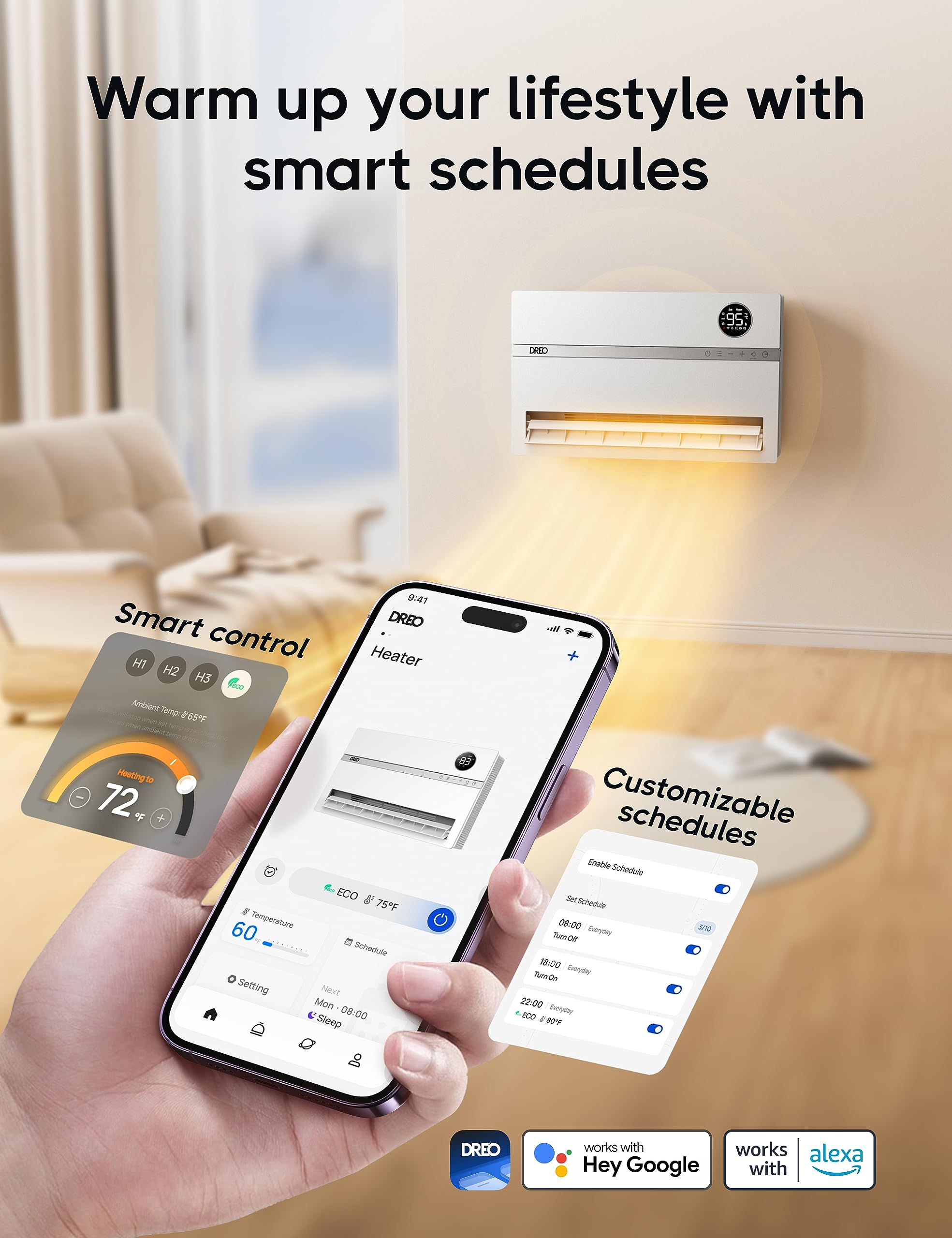 Dreo 1500W Smart Wall Heater with ALCI Plug - 120° Vertical Oscillation, Adjustable Thermostat & 24H Timer - Easy Installation Electric Space Heater for Bathroom, Bedroom, Office - Perfect for Indoor Heating in Winter & Small Spaces