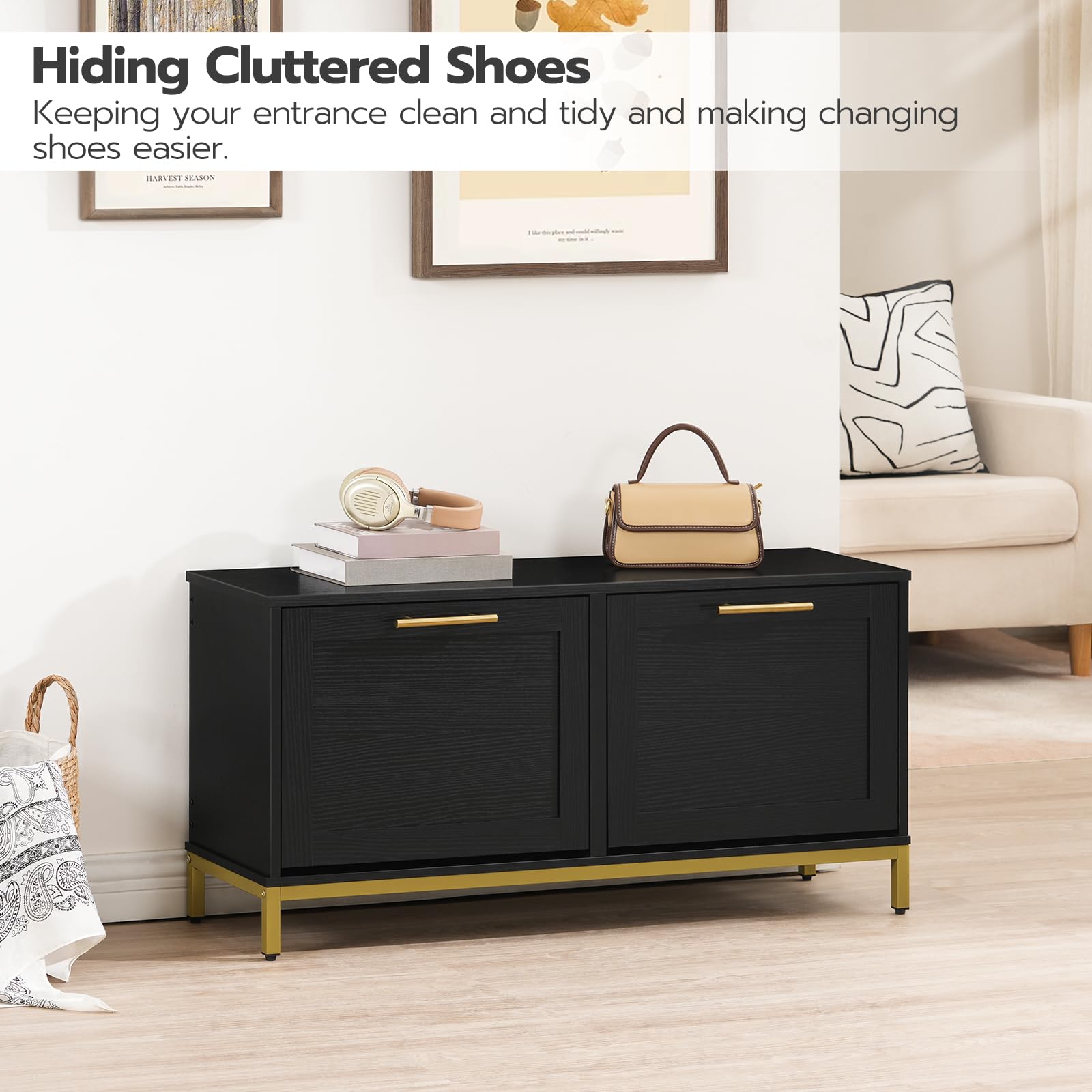 HOOBRO Entryway Shoe Bench with 2 Flip-Up Storage Drawers, Hidden Shoe Cabinet Organizer for Hallway, Foyer & Mudroom - Black & Gold Modern Design (DB48HX01) | Perfect for Small Spaces, Apartment Entryways & Shoe Storage Organization