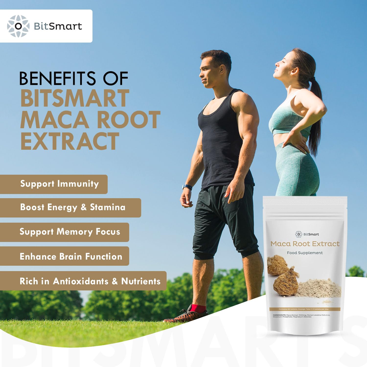 BITSMART 1000mg Maca Root Extract Superfood Tablets - 60 Count - Natural Energy Booster for Men & Women - Supports Hormone Balance, Antioxidant Benefits - Vegan Friendly Supplement - Great for Workout, Stress Relief & Daily Wellness