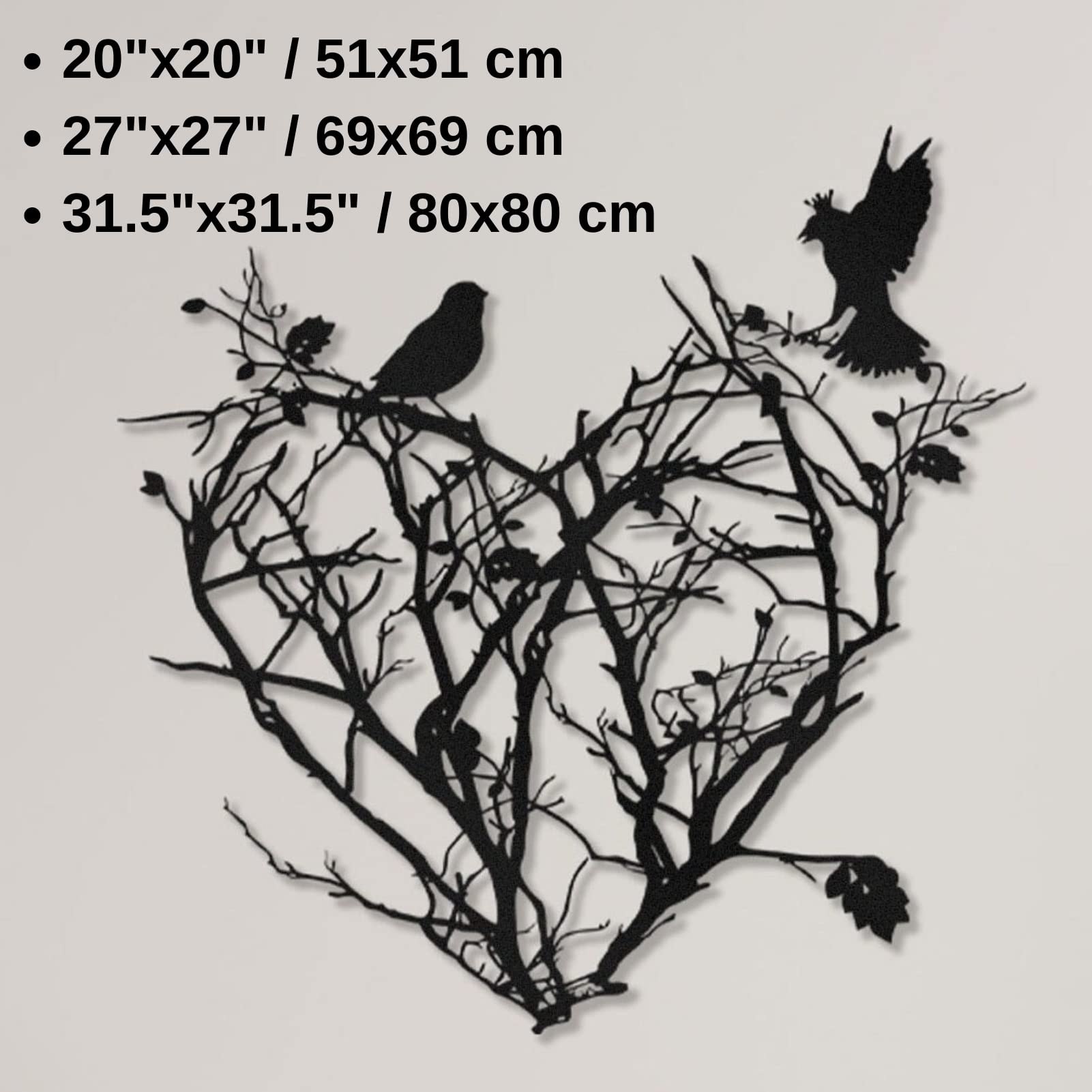 31.5x31.5 Inch Metal Wall Art - Tree of Life with Birds Heart Design for Home & Office Decor | Rustic Living Room, Bedroom, Garden Outdoor Wall Hanging Decoration (80x80 cm)