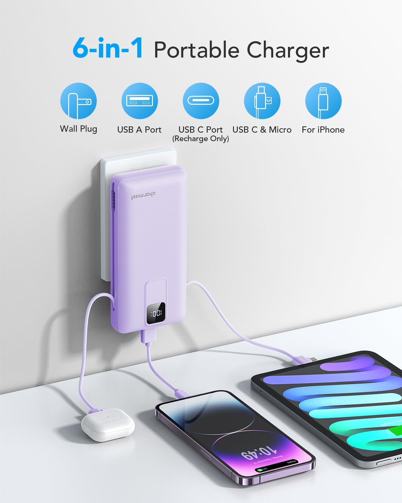 Charmast 20000mAh Portable Charger with Built-in Cables & Wall Plug - 20W Fast Charging Power Bank for iPhone 16/15/14/13, Samsung Galaxy, Google Pixel, iPad - Perfect for Travel, Camping & Emergency Power Backup