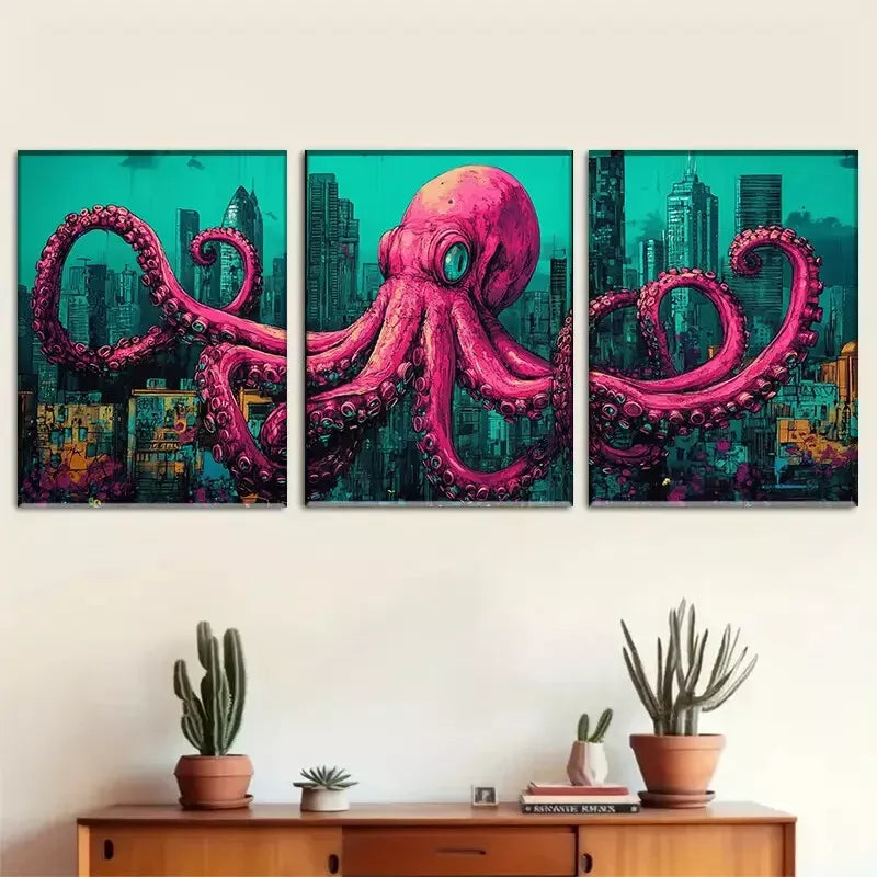 3-Piece Pink Urban Octopus Fantasy Wall Art Set - Framed Canvas 40x60cm | High Quality Print | 100% Australian Made | Ready to Hang | Perfect for Living Room, Bedroom & Office Decor