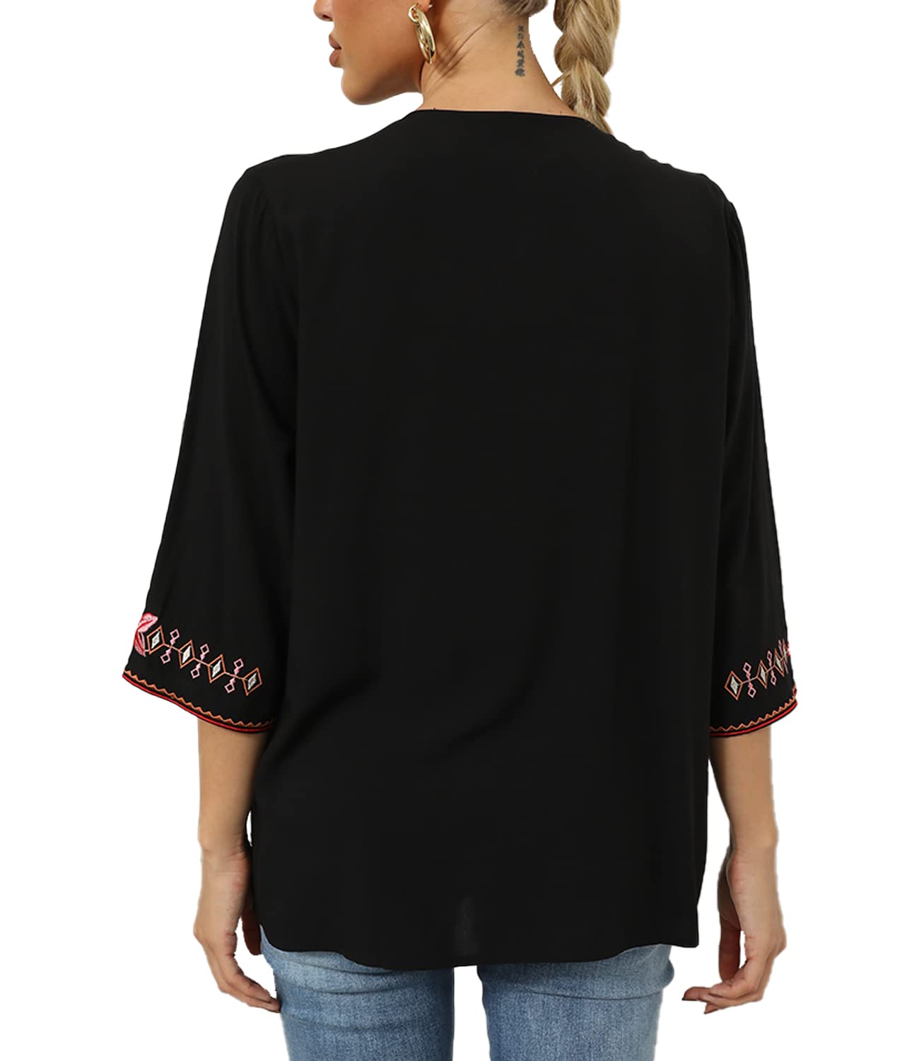 Higustar Women's Mexican Embroidered Bohemian Blouse - 3/4 Sleeve Peasant Top, Boho Tunic Shirt, Hippie Style Clothing for Festivals, Beach & Casual Wear