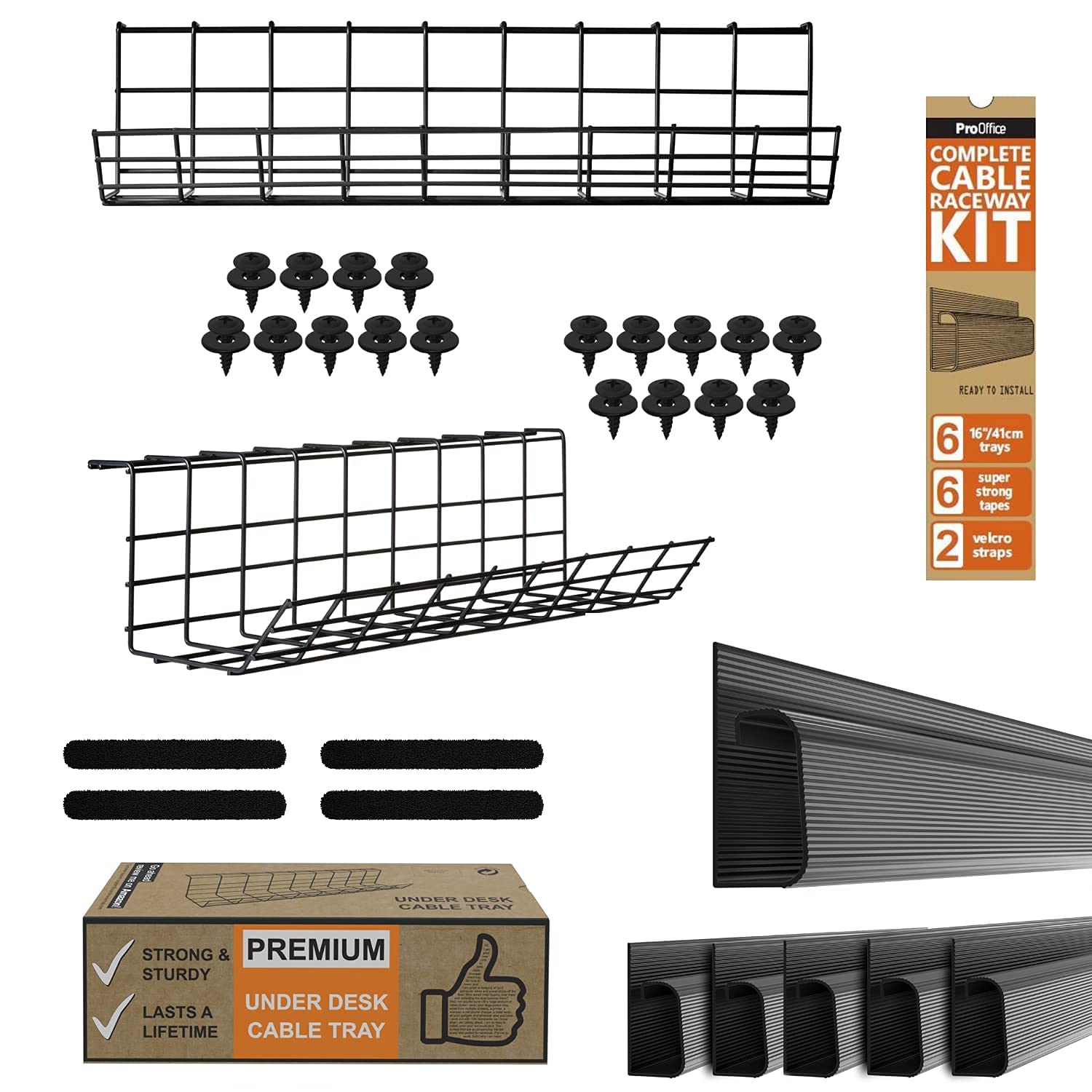 Under Desk Cable Management Tray Set (2 Pack, 17 Inch, Black) & J Channel Cable Raceway (96 Inch, 6x16 Inch) - Organize Computer Wires for Home Office & Gaming Setup