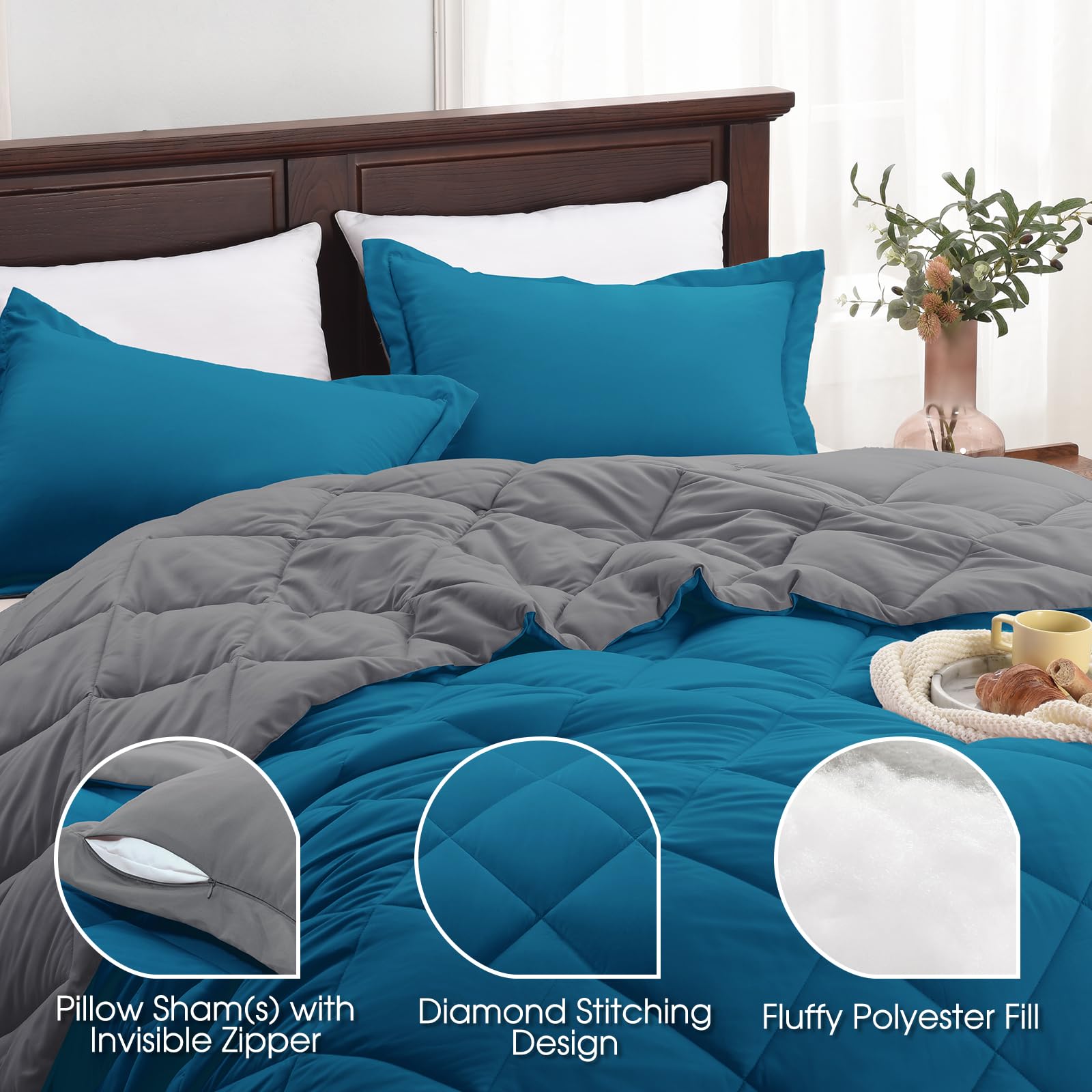 Basic Beyond Twin Comforter Set - Reversible All-Season Blue & Charcoal Gray Bedding (66