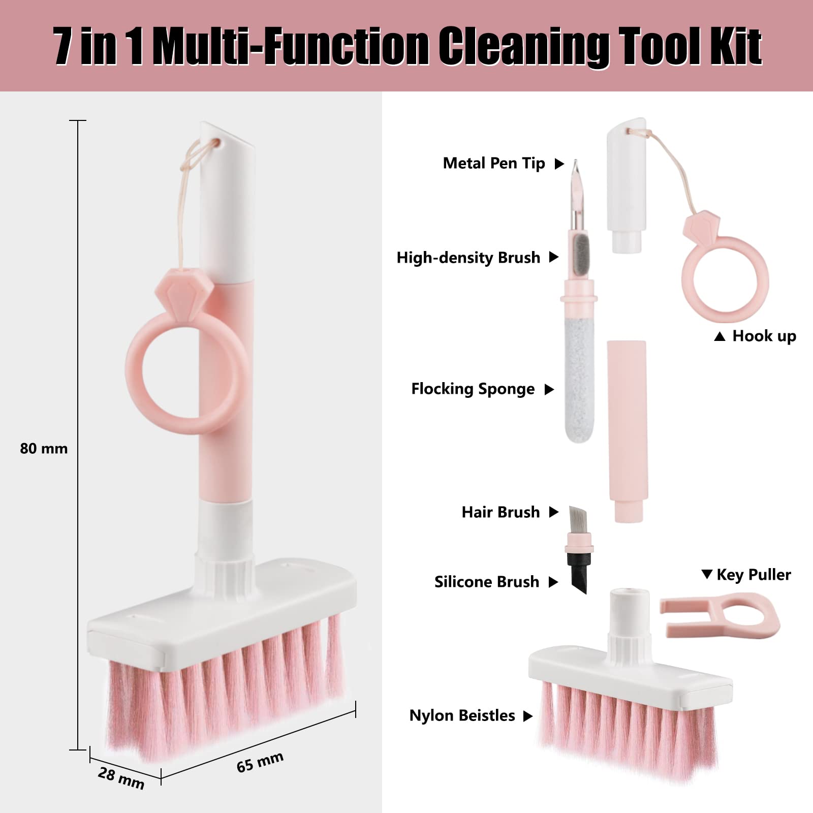 7-in-1 Soft Brush Keyboard Cleaner Kit - Microfiber Brush, Keycap Puller & Corner Duster for Computer, Laptop, Bluetooth Headset, AirPods, Camera Lens, Lego - Pink | Perfect for Office, Gaming & Electronics Maintenance