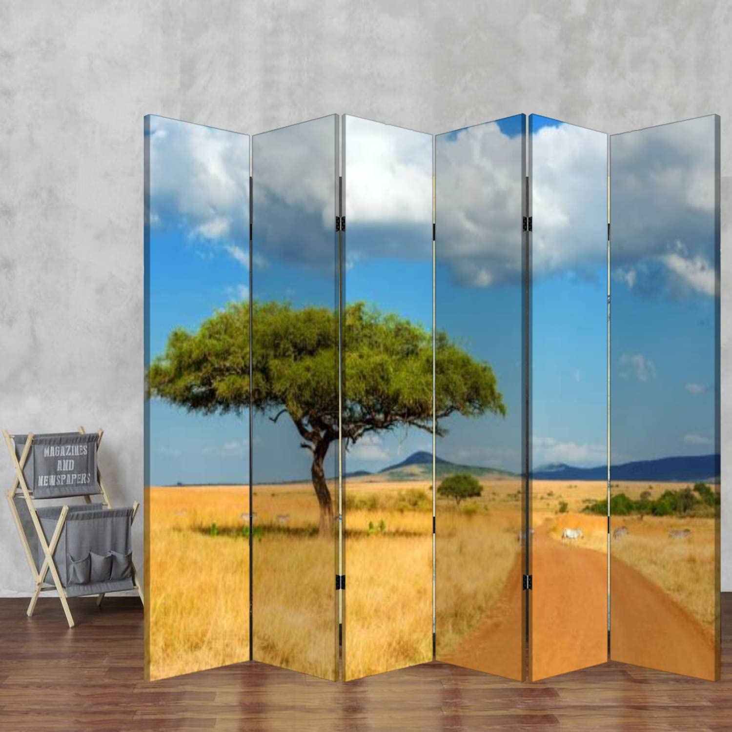 6-Panel Wooden Room Divider with African Tree Landscape - Foldable Privacy Screen, Dual-Sided Canvas Partition for Indoor Spaces | Perfect for Home Office, Bedroom Separation & Decorative Display