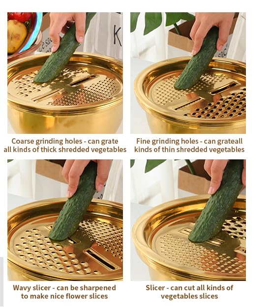 3-Piece Stainless Steel Colander Set - Vegetable Slicer, Potato Peeler, Carrot Grater & Strainer with Round Rice Washer Bowl (Gold) - Perfect for Kitchen Prep, Salad Making & Draining Pasta