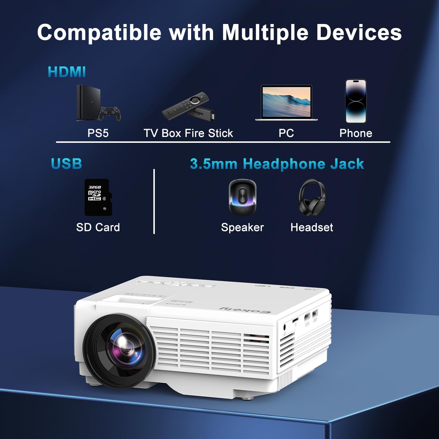 Two-Way Bluetooth 1080P Mini Projector with Screen | 50% Zoom Portable Outdoor Movie Projector | Compatible with TV Stick, Gaming, HDMI, USB, Smartphone | Perfect for Home Theater, Camping & Backyard Movie Nights