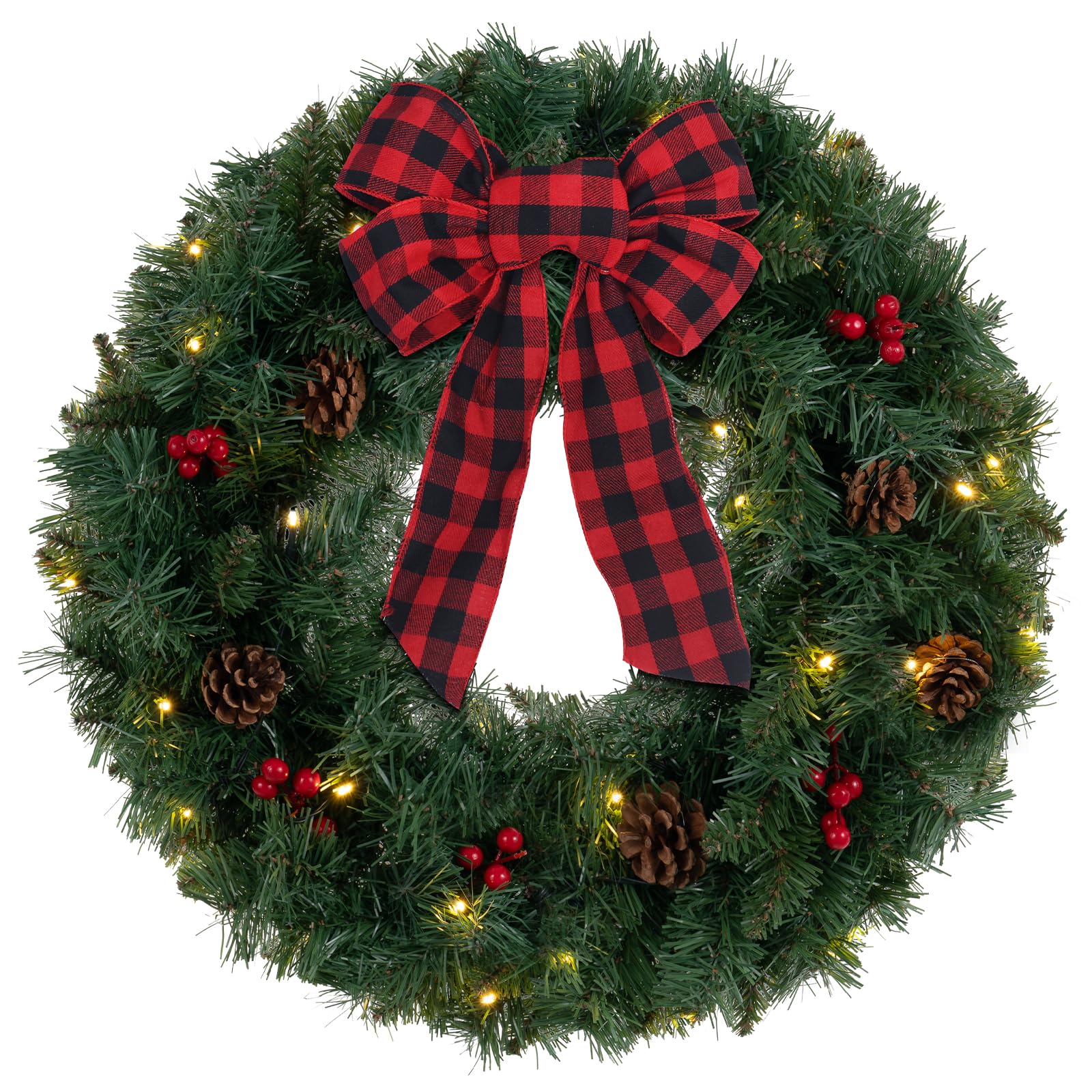 24IN 2FT Christmas Wreath for Front Door - Red Berries & Pine Cones Holiday Decor - Indoor Outdoor Xmas Wreath for Home, Porch, Mantel & Window Decorations