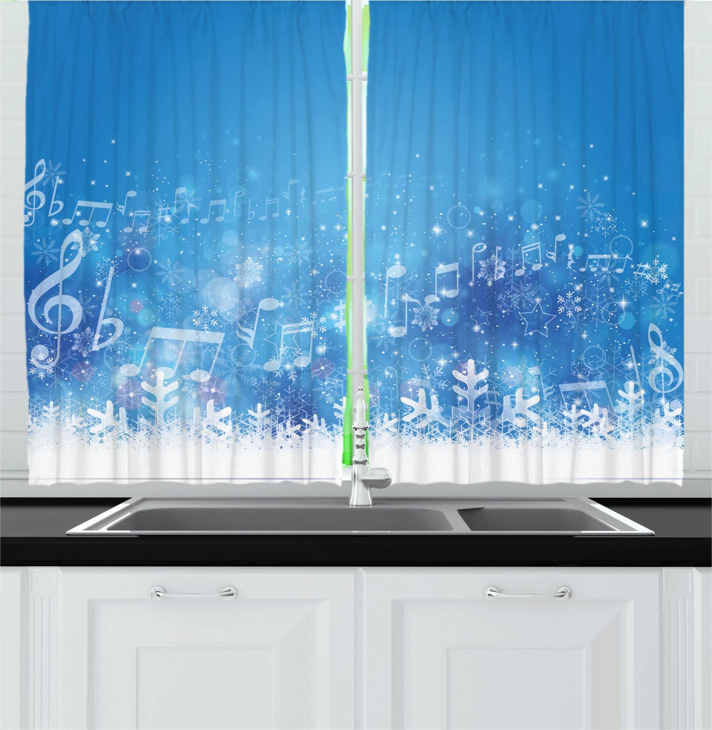Ambesonne Winter Long Kitchen Curtains - Musical Notes & Snowflakes Design, 55