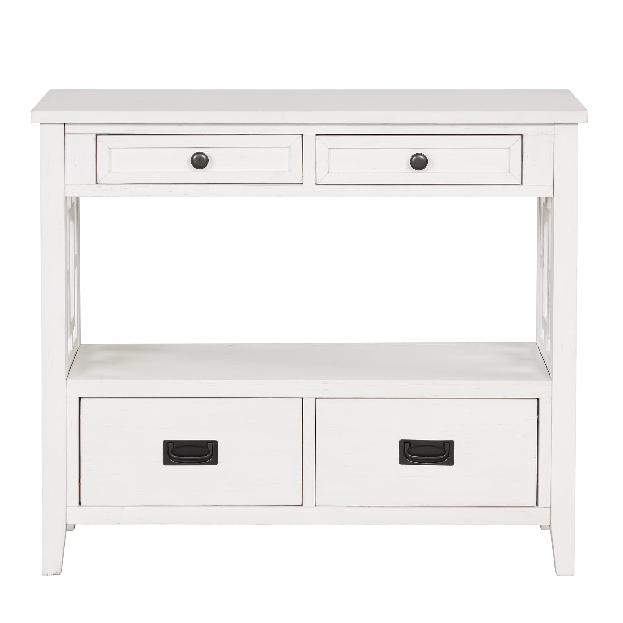P PURLOVE Wooden Sofa Table Console Table with 4 Storage Drawers & 1 Shelf - Entryway, Living Room, Hallway, Bedroom Furniture - Antique White Finish for Home Decor & Organization