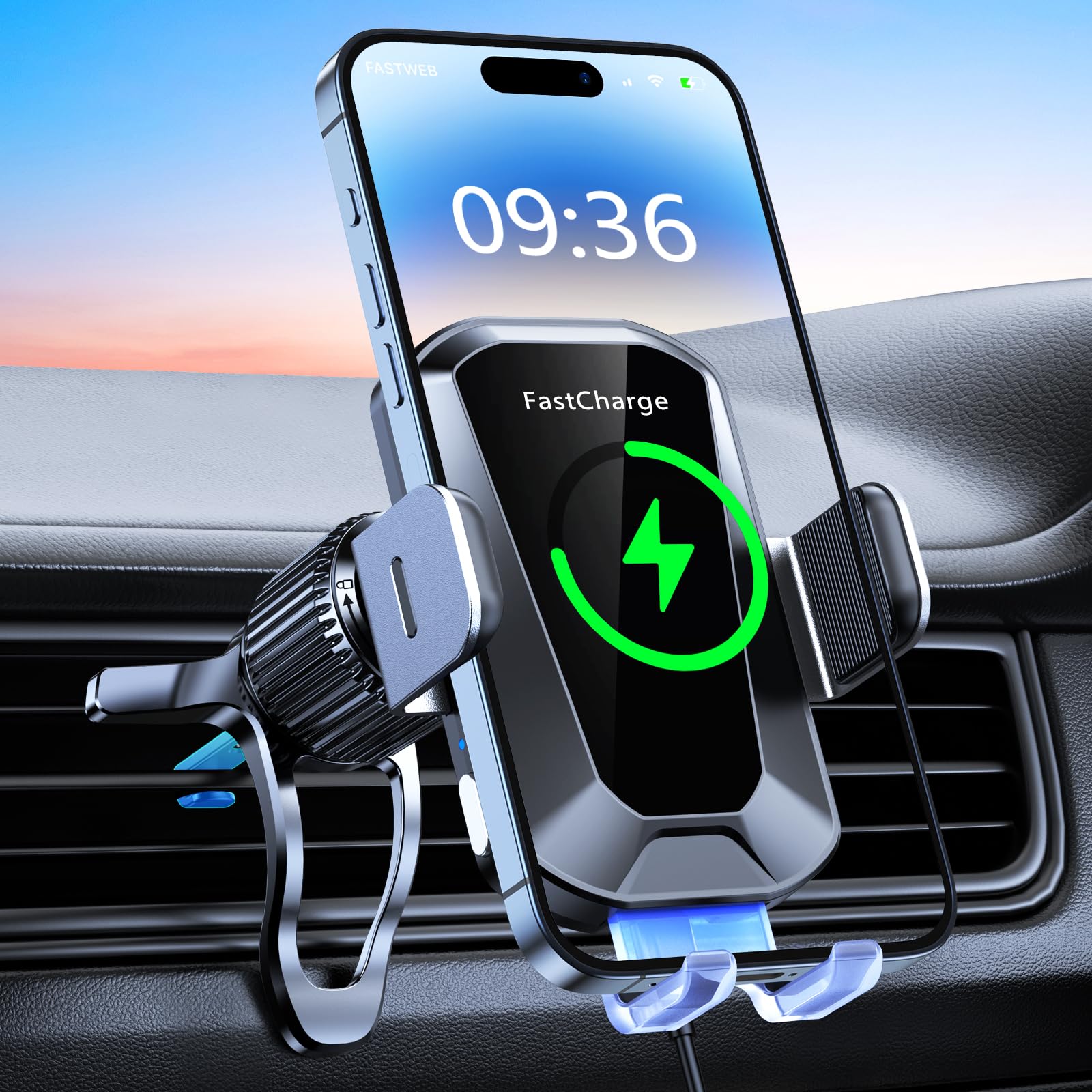 15W Fast Wireless Car Charger with Auto Clamping & 360° Rotation - Compatible with iPhone 16 Pro Max/15/14/13/12 & Galaxy S24/S23/S22 - Perfect for Safe Hands-Free Charging While Driving