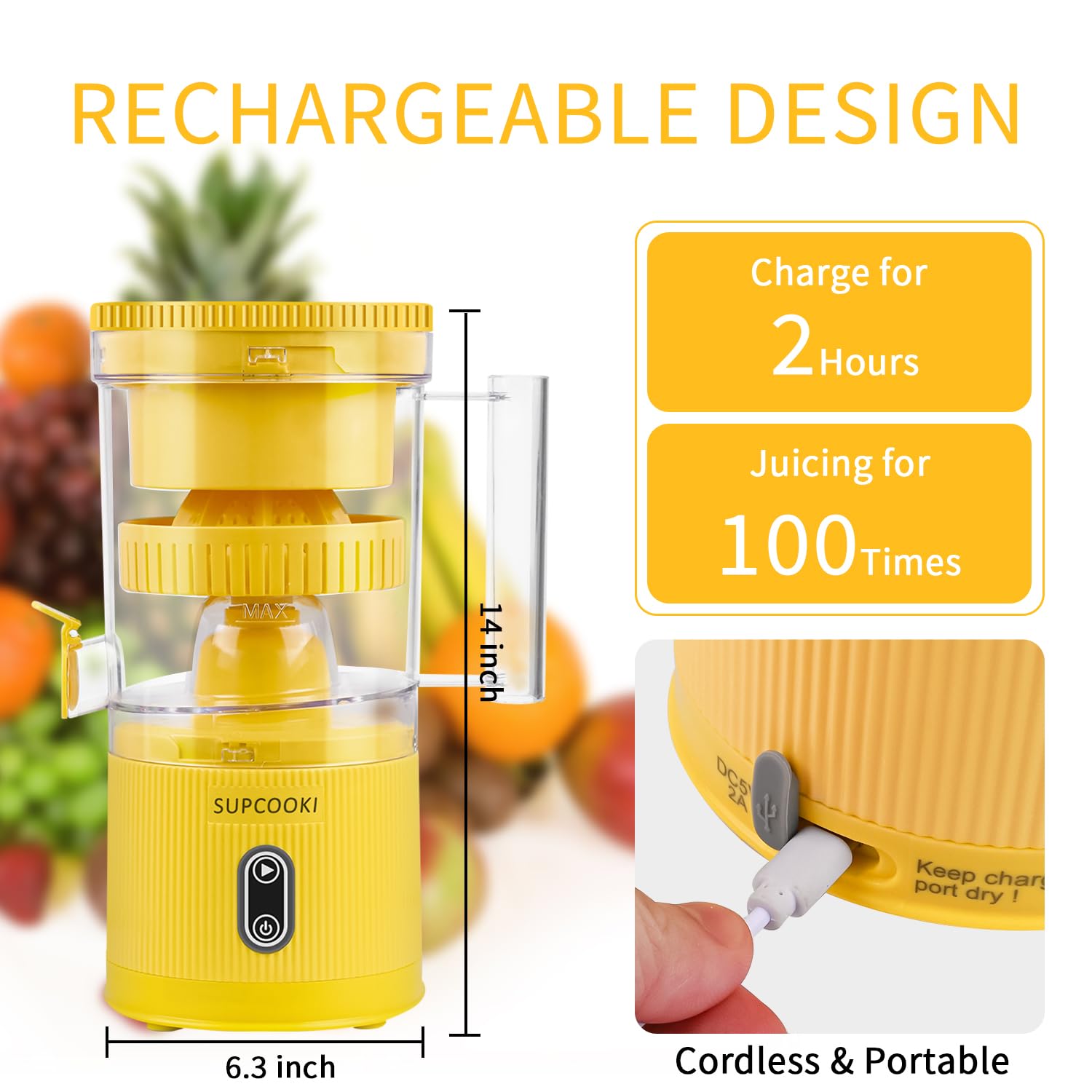 Electric Rechargeable Citrus Juicer - Automatic Orange Lemon Grapefruit Squeezer with USB Charging, Touch Button & Cleaning Brush | Portable Handheld Fruit Juicer for Kitchen, Camping, Travel | BPA-Free Easy to Clean Yellow Juicer for Fresh Juice at Home or On-The-Go