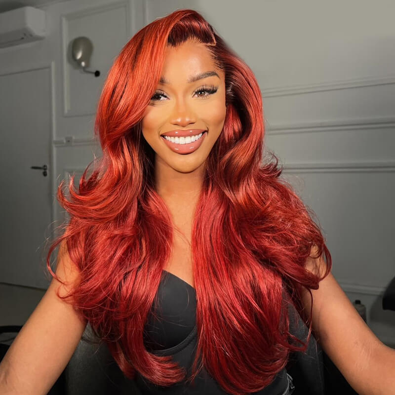 Eullair Jessica Rabbit Cooper Red Body Wave Human Hair Lace Frontal Wig with Dark Roots & Layered Cut - Perfect for Cosplay, Halloween & Special Occasions