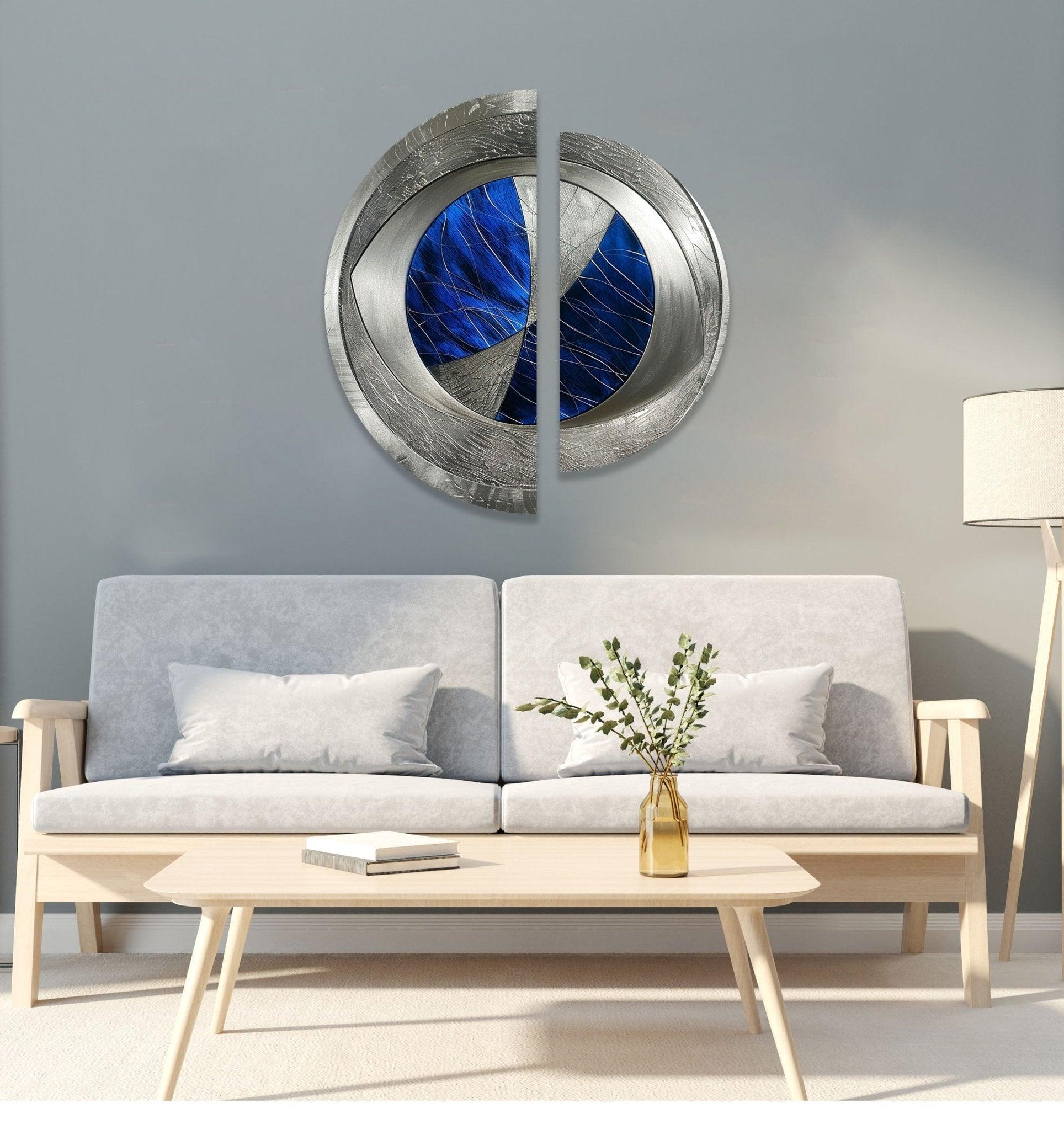 2 Piece Abstract Silver Blue Glass Wall Art Set - Modern Home Decor for Living Room, Bedroom, Office | Handmade Glass Wall Hangings for Unique Interior Design