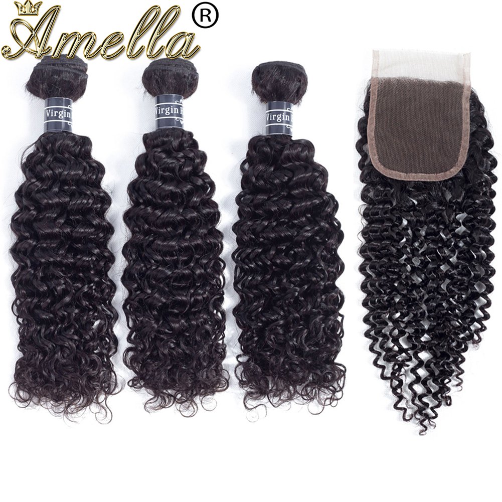 Amella Hair 100% Unprocessed Brazilian Curly Human Hair Bundles with Closure (16
