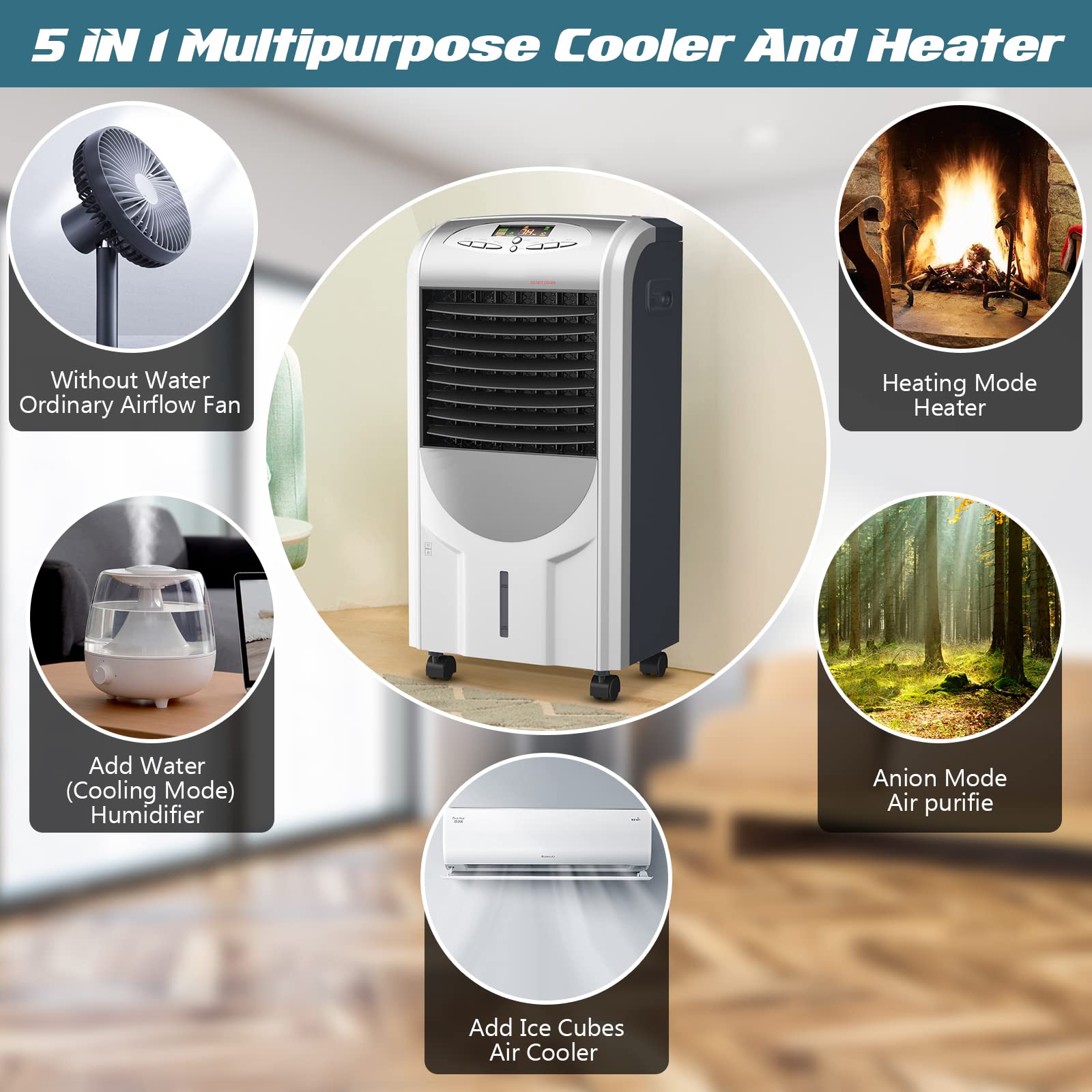 KOTEK 5-in-1 Portable Evaporative Air Cooler & Heater with Anion Function - Bladeless Quiet Cooling Fan with Remote Control, 8H Timer, 3 Modes & 3 Speeds - Perfect for Home, Office, Bedroom and Living Room Cooling