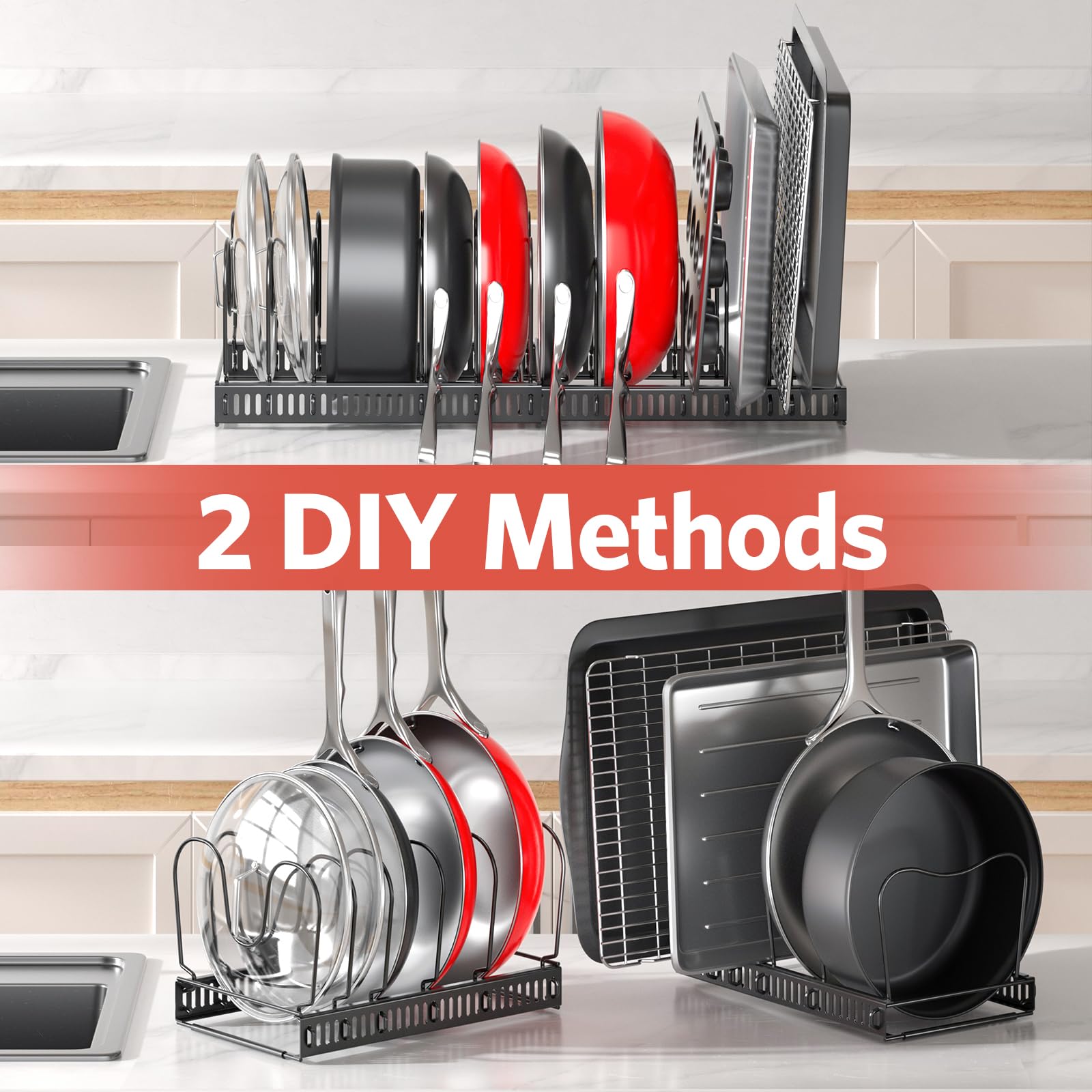 ORDORA Pots and Pans Organizer - Under Cabinet Storage Rack, 11.8'' to 22.8'' Extendable with 12 Adjustable Dividers, Kitchen Cabinet Organizer for Pots, Pans, Lids - Perfect for Small Kitchens, RV, Apartment & Dorm Organization
