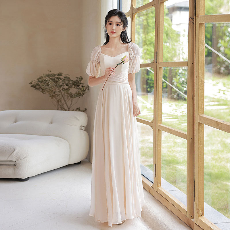 Elegant A-Line Champagne Bridesmaid Dress | Simple Long Prom Gown for Weddings & Formal Events | Perfect for Bridal Party, Evening Galas & Special Occasions