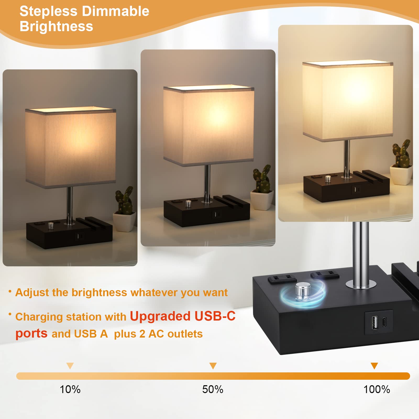 Dimmable Grey Table Lamp with Dual USB Ports & Phone Stand - Bedside & Desk Lamp for Bedroom, Living Room, Nightstand - Includes LED Bulb | Perfect for Reading, Charging Devices & Ambient Lighting