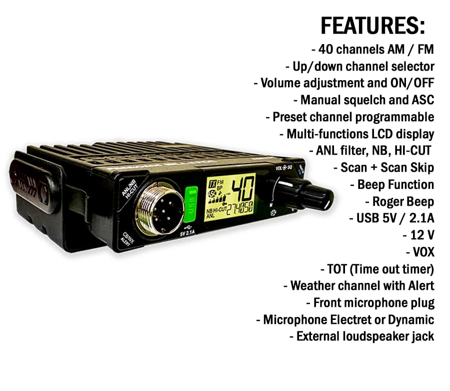 President Electronics Bill II FCC Ultra-Compact AM/FM CB Radio - Portable Two-Way Communication for Trucking, Off-Road & Emergency Use