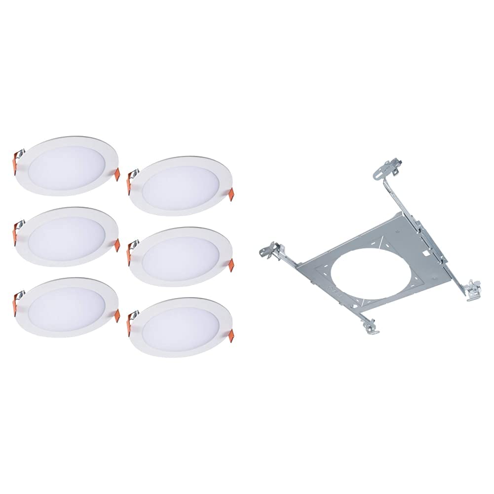 HALO 6 Inch Recessed LED Ceiling Light & Shower Disc Light - Ultra-Thin Canless Wafer Downlight with 5 Color Temperatures (2700K-5000K) - White Finish - 6 Pack with HL6RSMF Silver Mounting Frame - Perfect for Bedrooms, Kitchens, Bathrooms & Commercial Spaces