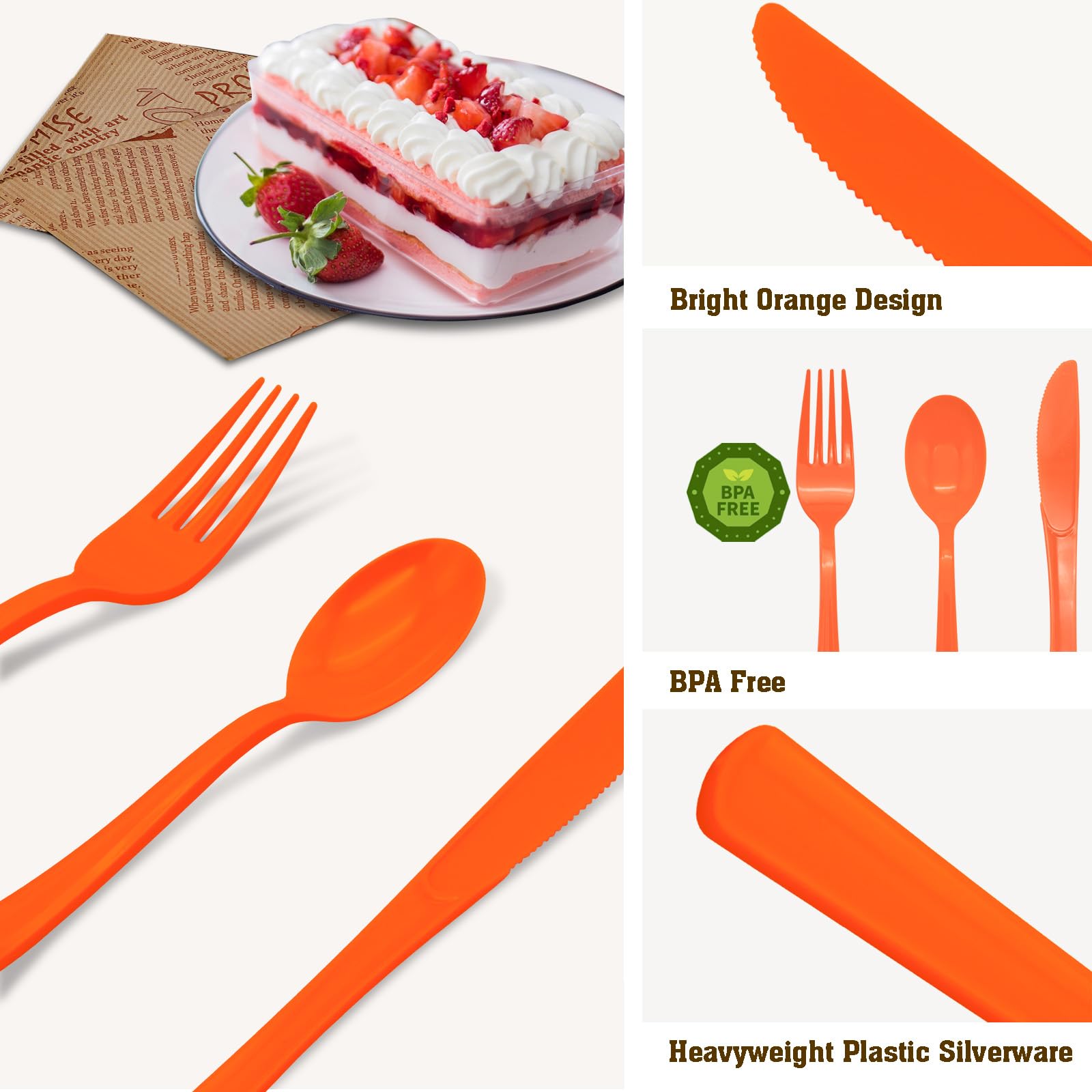 150-Pack Orange Plastic Cutlery Set - 50 Forks, 50 Spoons, 50 Knives | Disposable Utensils for Birthday Parties, Thanksgiving Dinner, Fall Festival & Picnic Supplies | Bulk Plastic Silverware for Outdoor Events & Catering