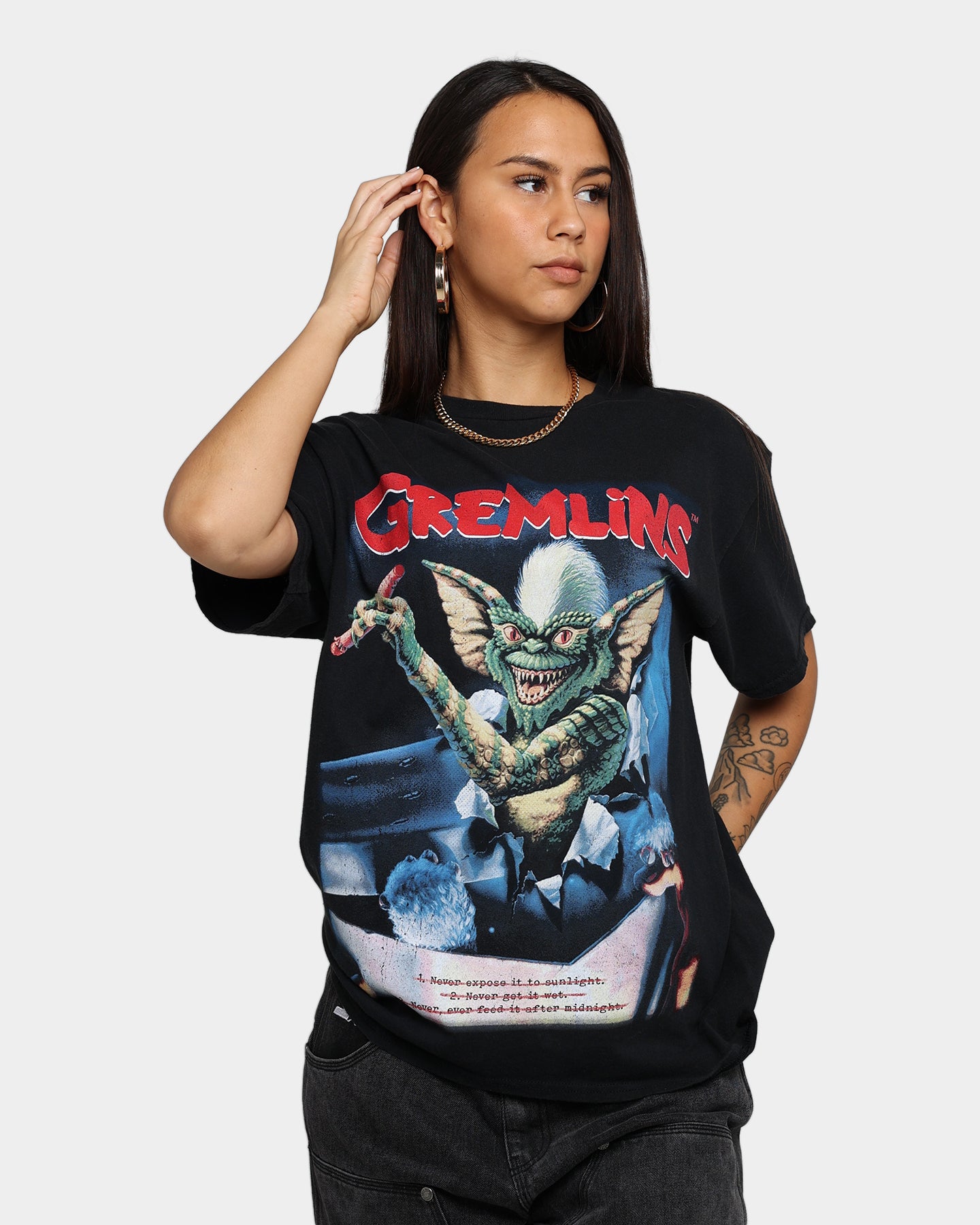Vintage Gremlins Graphic T-Shirt - Black Distressed Style | American Thrift Retro Tee for Movie Fans & 80s Nostalgia | Perfect for Casual Wear, Cosplay & Pop Culture Events