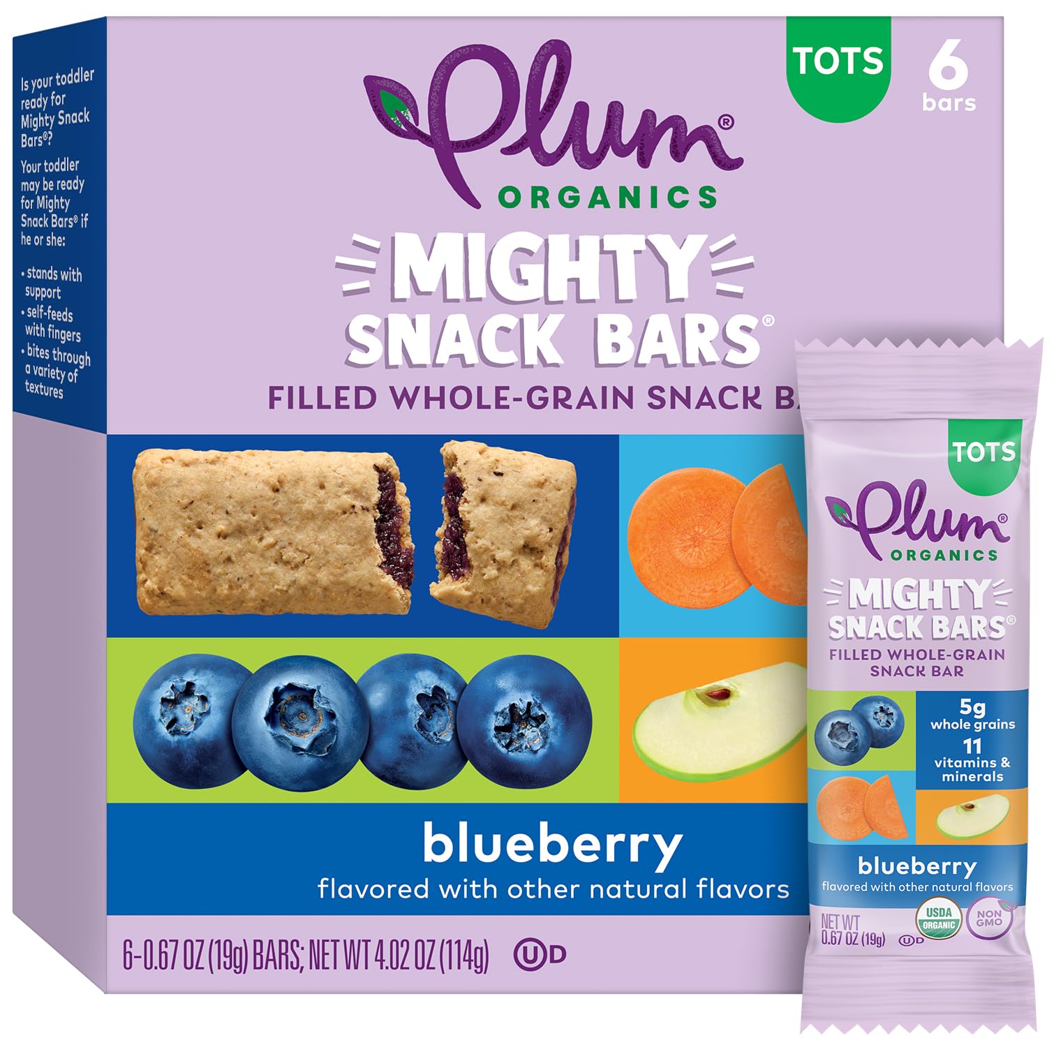 Organic Plum Mighty Snack Bars - Blueberry (6 Pack) - Healthy Toddler Snacks for On-the-Go