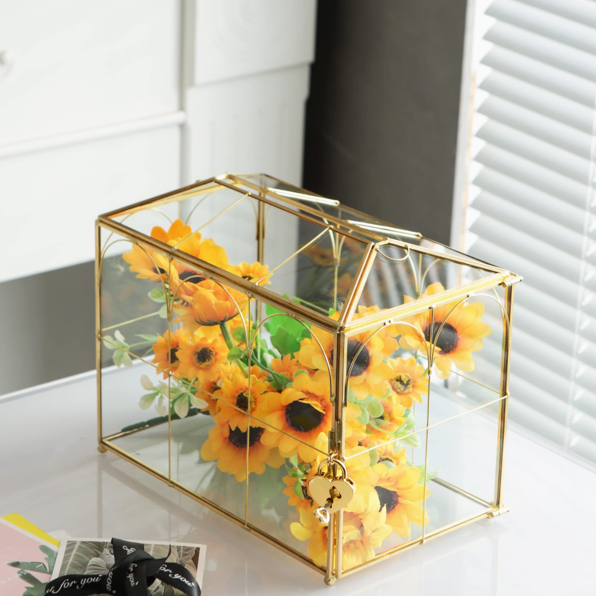 10.2 Inch Large Gold Clear Glass Card Box with Slot - Elegant Decorative Storage Box with Lock for Wedding Receptions, Baby Showers, Birthday Parties & Bridal Showers - Perfect for Gift Cards, Money, and Special Occasion Keepsakes
