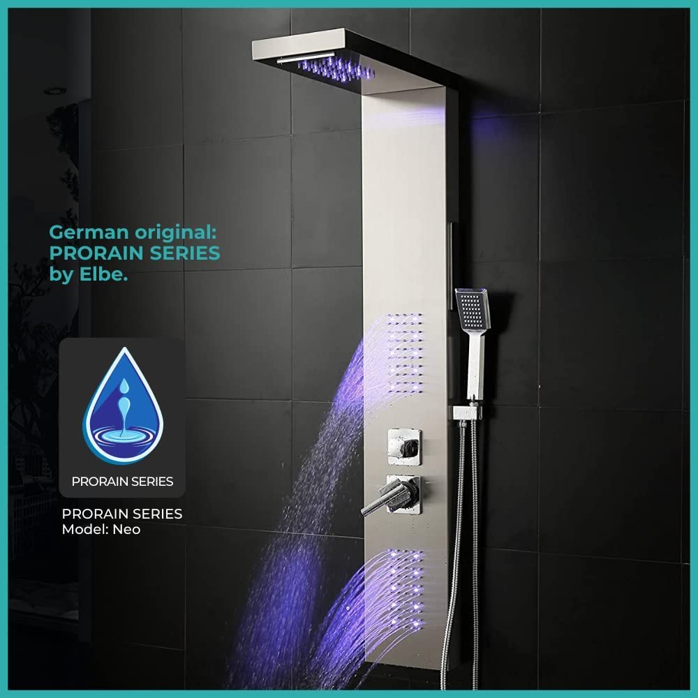 Elbe LED Shower Panel - 304 Stainless Steel Shower Column with 4-Function Hydromassage Mixer Tap & Hand Shower - Easy Installation for Modern Bathroom Upgrade - Perfect for Spa-Like Relaxation and Daily Shower Experience