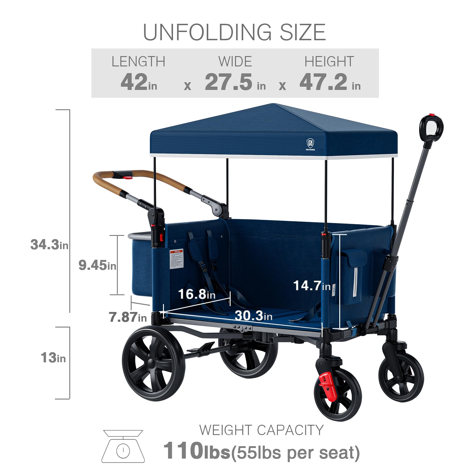 EVER ADVANCED Side-Zip Double Stroller for 2 Kids - Adjustable Handle, 5-Point Safety Harness, Removable UV Canopy & Shock-Absorbing Wheels - Blue | Perfect for Shopping Malls, Parks & Family Outings