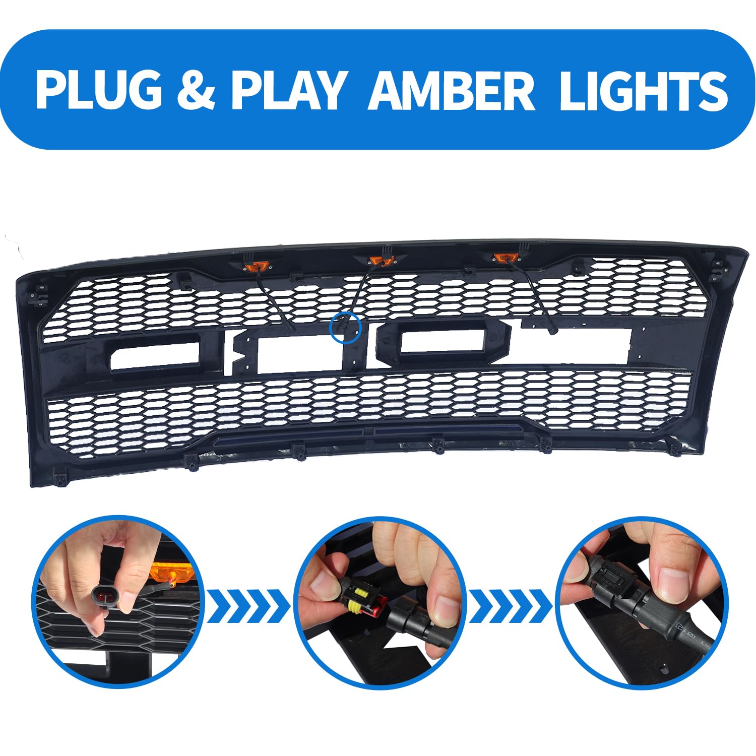 Ford F150 Front Grille Replacement (2009-2014) - Raptor Style Matte Black Mesh Grill with 3 Amber LED Lights | Upgrade for Off-Road & Truck Enthusiasts