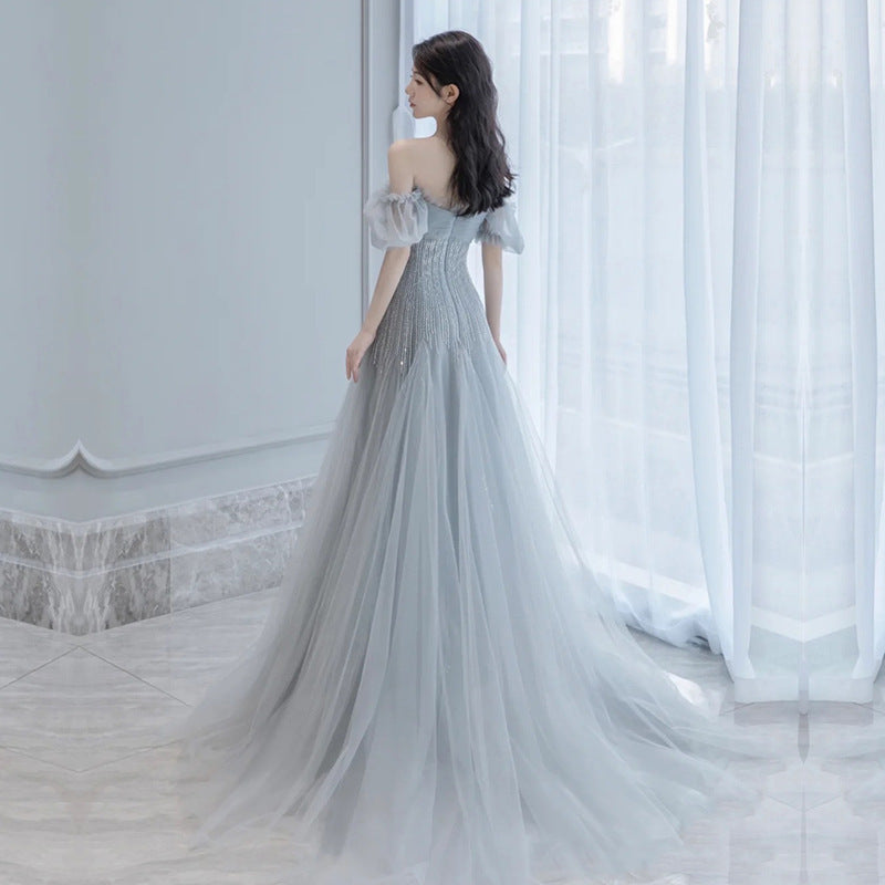 Elegant Off Shoulder Silver Gray Tulle Prom Dress - A-Line Evening Gown for Formal Events | Perfect for Homecoming, Quinceañera & Wedding Guest Dresses