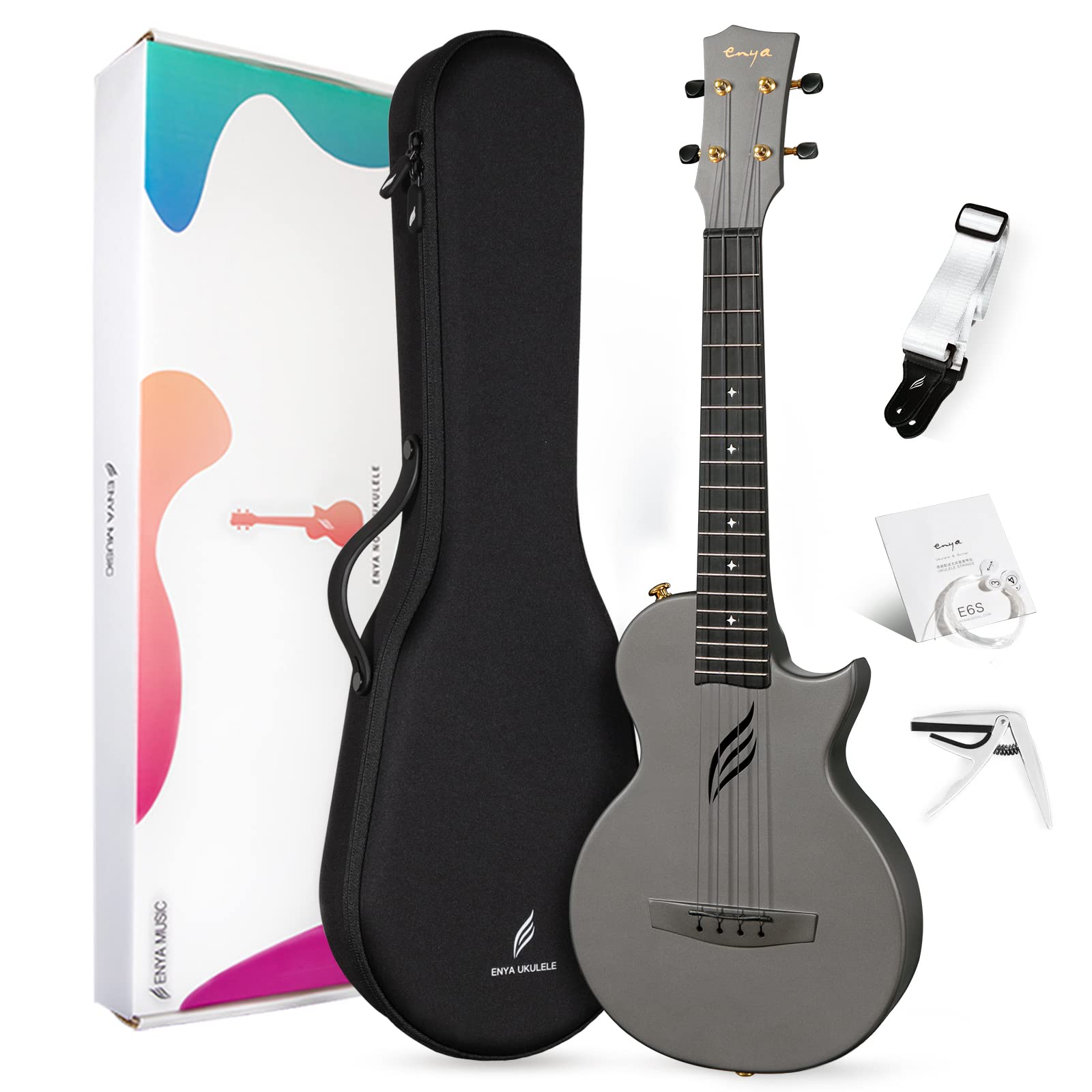 Enya Nova U Pro Black Tenor Ukulele 26 Inch - Carbon Fiber Travel Ukelele with Cutaway Design | Complete Beginner Bundle Kit (Case, Strap, Capo, Strings) | Perfect for Adults, Travel & Outdoor Performances