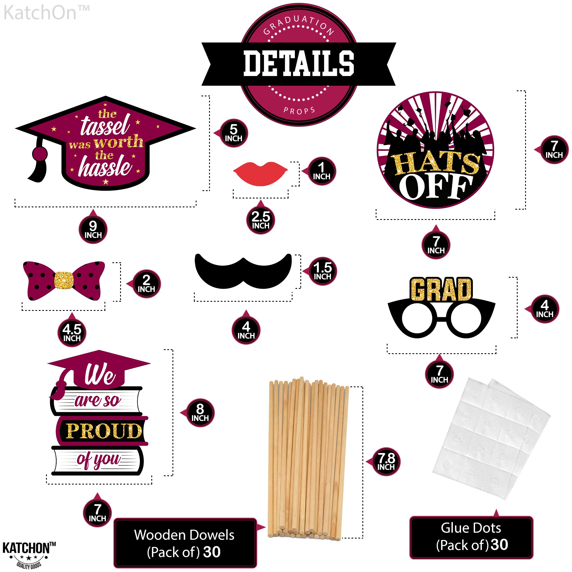 KatchOn 30-Pack Glitter Graduation Photo Booth Props 2025 - Maroon & Gold Graduation Decorations for Class of 2025 | Perfect for Graduation Parties, Photo Booths & School Celebrations