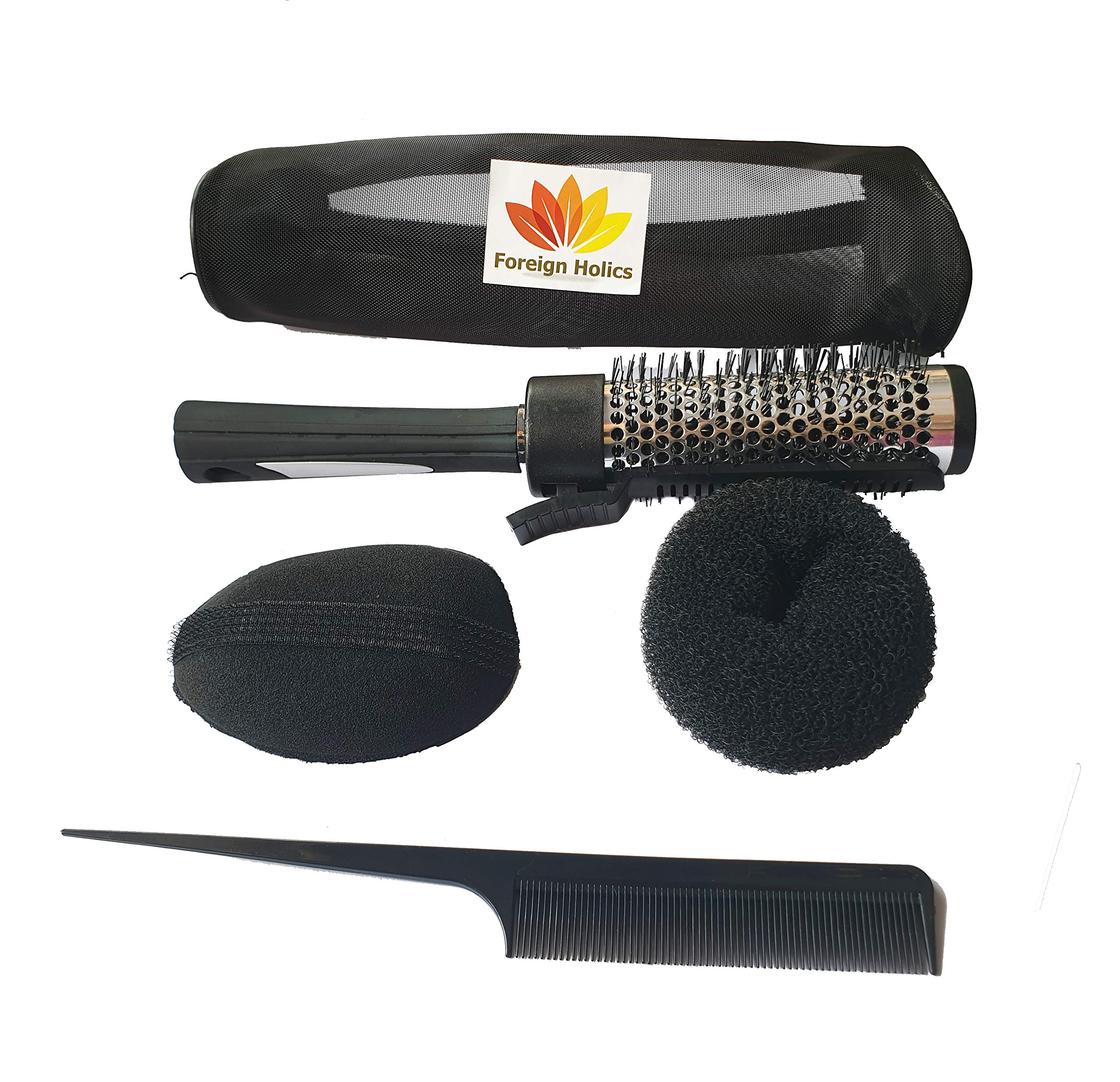 Professional Hair Styling Tool Kit - 4 Piece Set with Curling Brush, Tail Comb, Bouffant Maker & Hair Donut for Salon-Quality Styling at Home (Black) | Perfect for DIY Hairstyles, Parties & Special Occasions