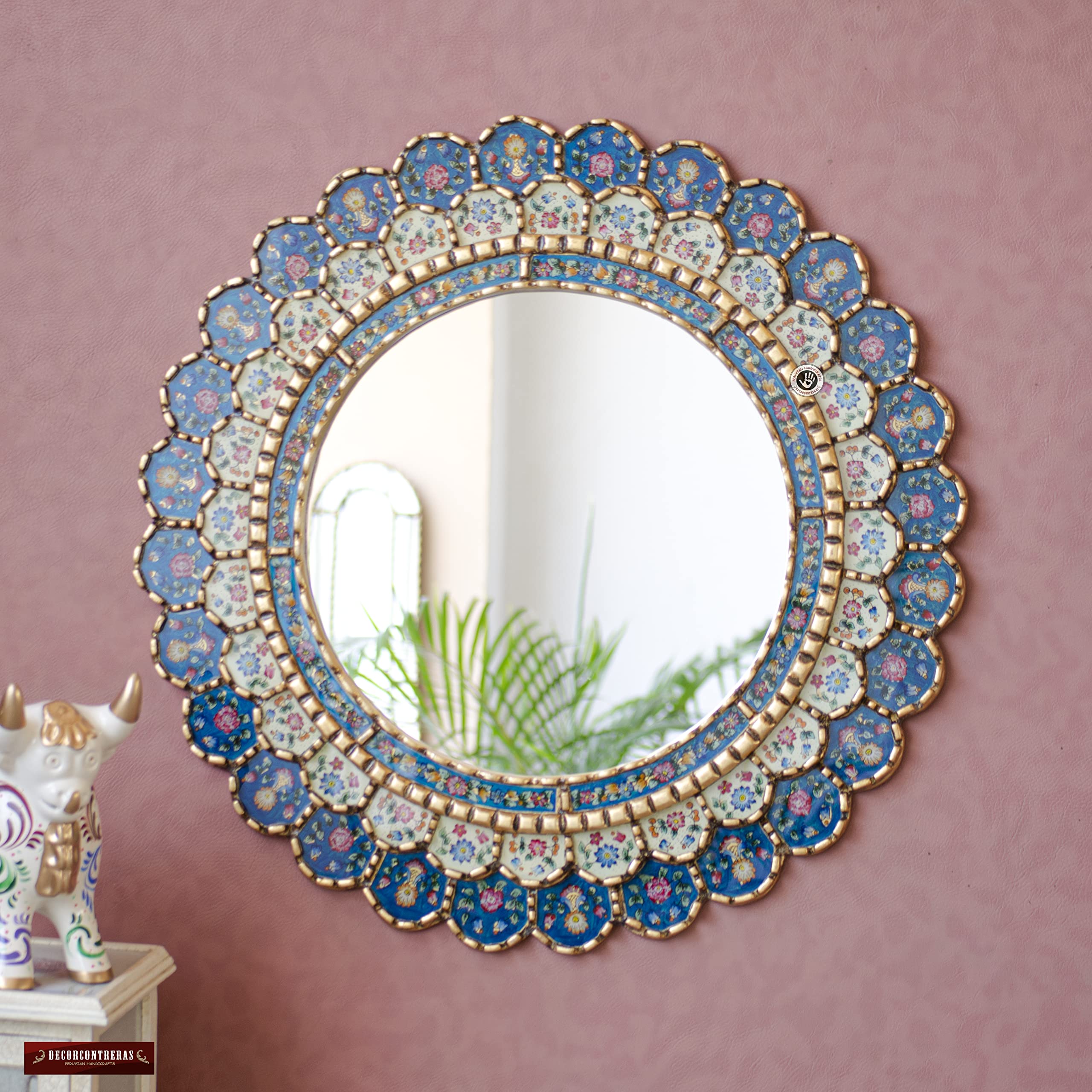 Blue Gold Circle Wall Mirror - Handmade Peruvian Round Hanging Mirror for Living Room Decor | Elegant Gold Frame Wall Art | Perfect for Bedroom, Bathroom & Entryway Decorations