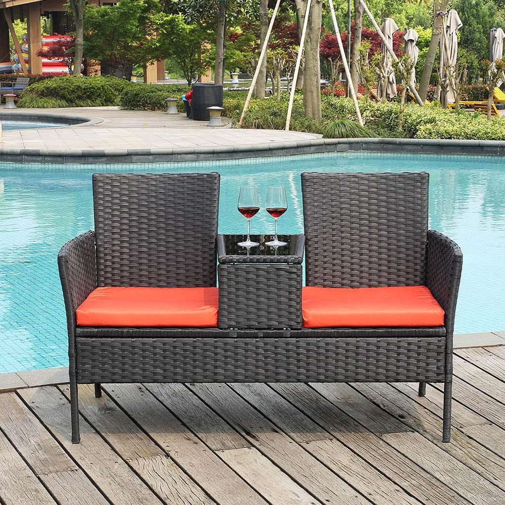 PROHIKER Outdoor Furniture Set - Wicker Patio Loveseat Sofa with Cushions & Tempered Glass Table, Rattan Conversation Set for Garden, Backyard, Balcony - Perfect for Relaxing, Entertaining & Outdoor Dining