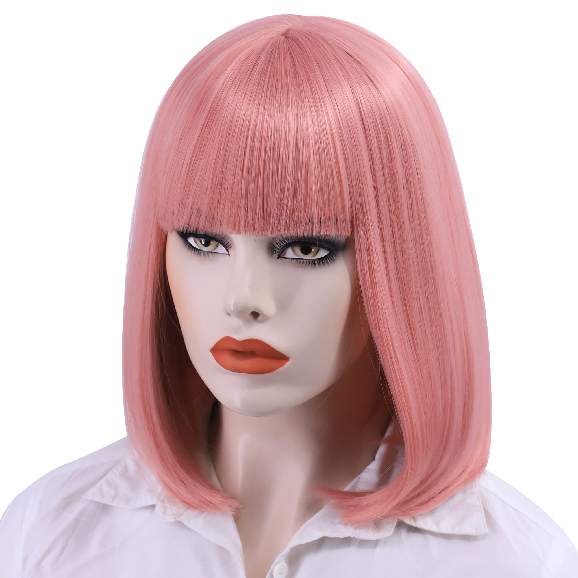 Short Straight Bob Pink Wig with Bangs for Women - Natural Synthetic Hair Wig for Daily Wear, Party, Halloween & Cosplay | Perfect for Costumes, Themed Events & Everyday Fashion