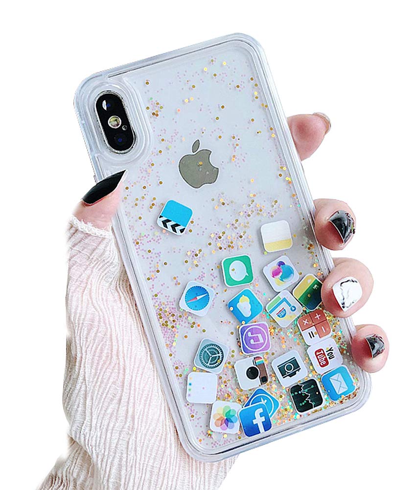 UnnFiko Liquid Glitter Phone Case for iPhone X - Hard Back Colorful Bling Quicksand Case with iOS Icon Shine | Stylish Protective Cover for iPhone X/10 (Gold Glitter) | Perfect for Parties, Daily Use & Gift Giving