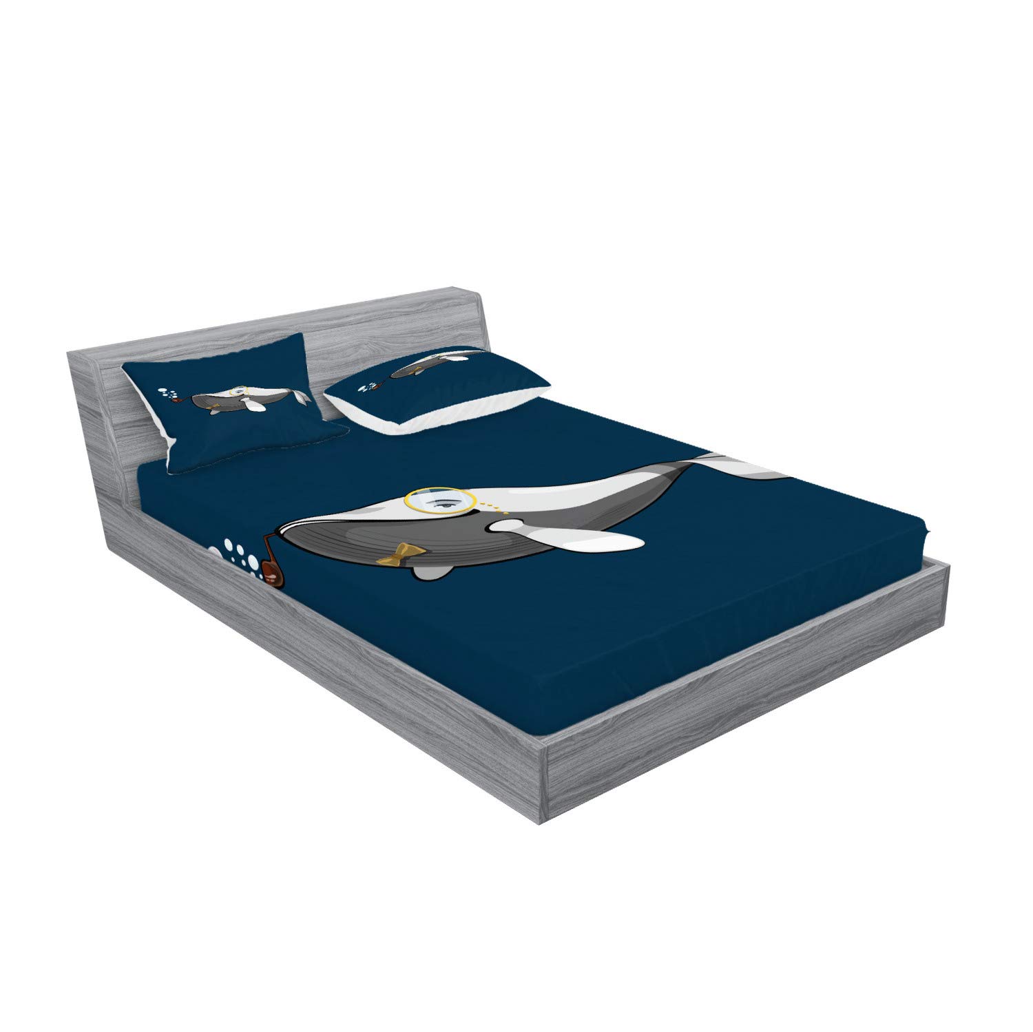 Lunarable Whale Fitted Sheet & Pillow Sham Set - Cartoon White Whale with Bow Tie & Glasses Design, 3-Piece Printed Bedding Set in White Grey Blue - Perfect for Kids' Rooms, Ocean-Themed Decor & Whimsical Bedroom Styling