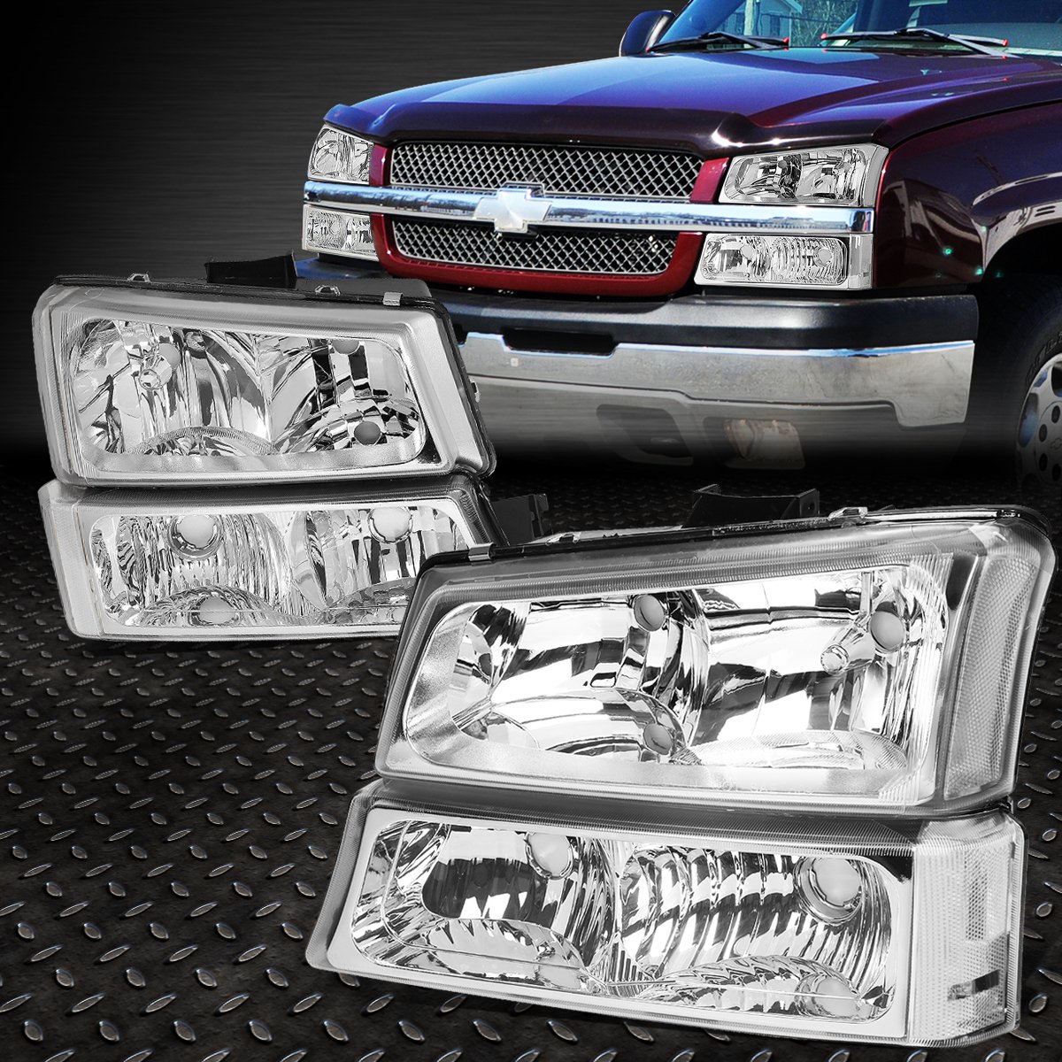 Chrome Housing Clear Side Headlight/Lamp Set for 2003-2006 Chevy Silverado - 4PCS Replacement Headlights for Improved Night Visibility & Off-Road Driving