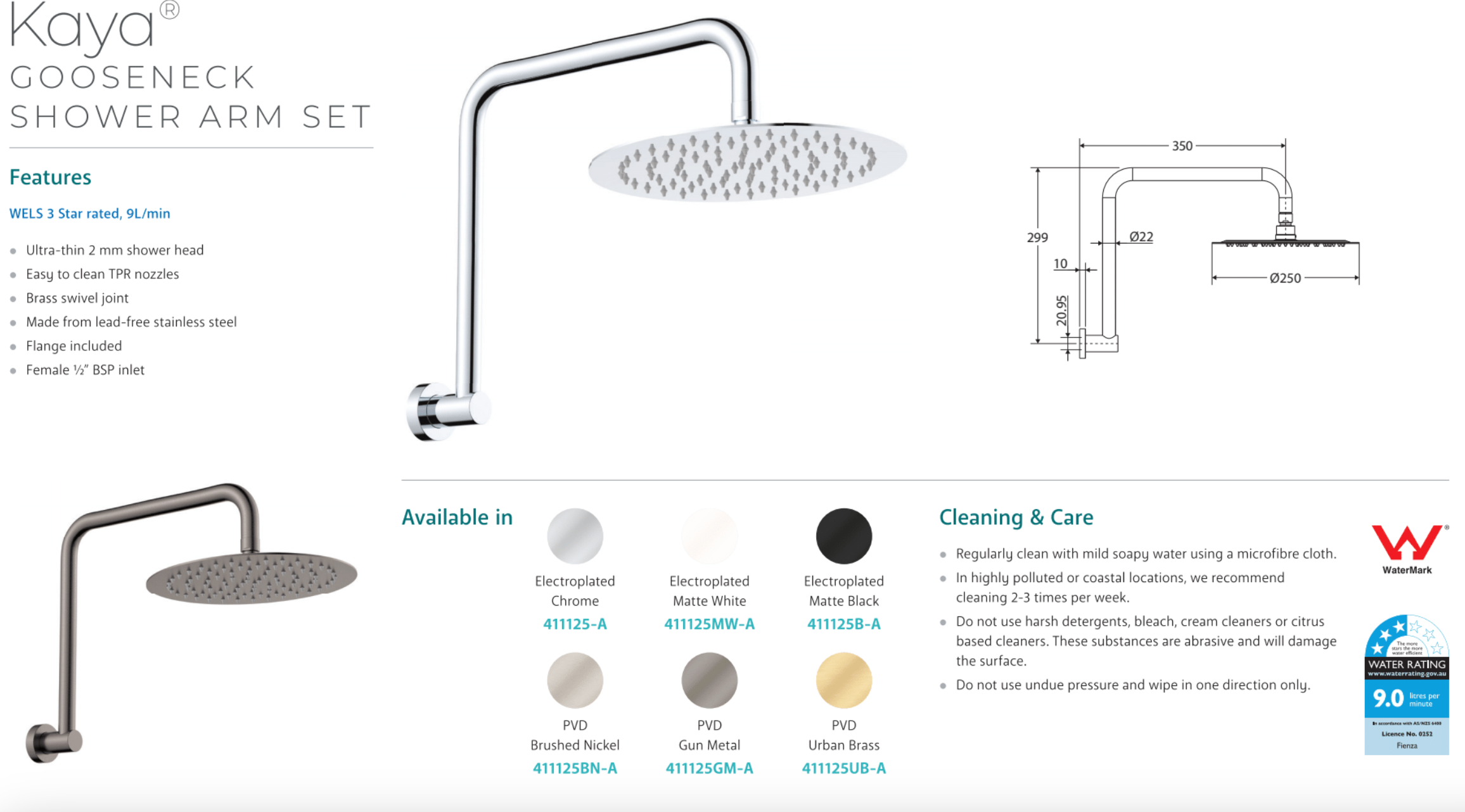 Fienza 411125MW A Kaya Gooseneck Shower Arm Set in Matte White - Modern Bathroom Faucet Replacement for Spa-Like Shower Experience