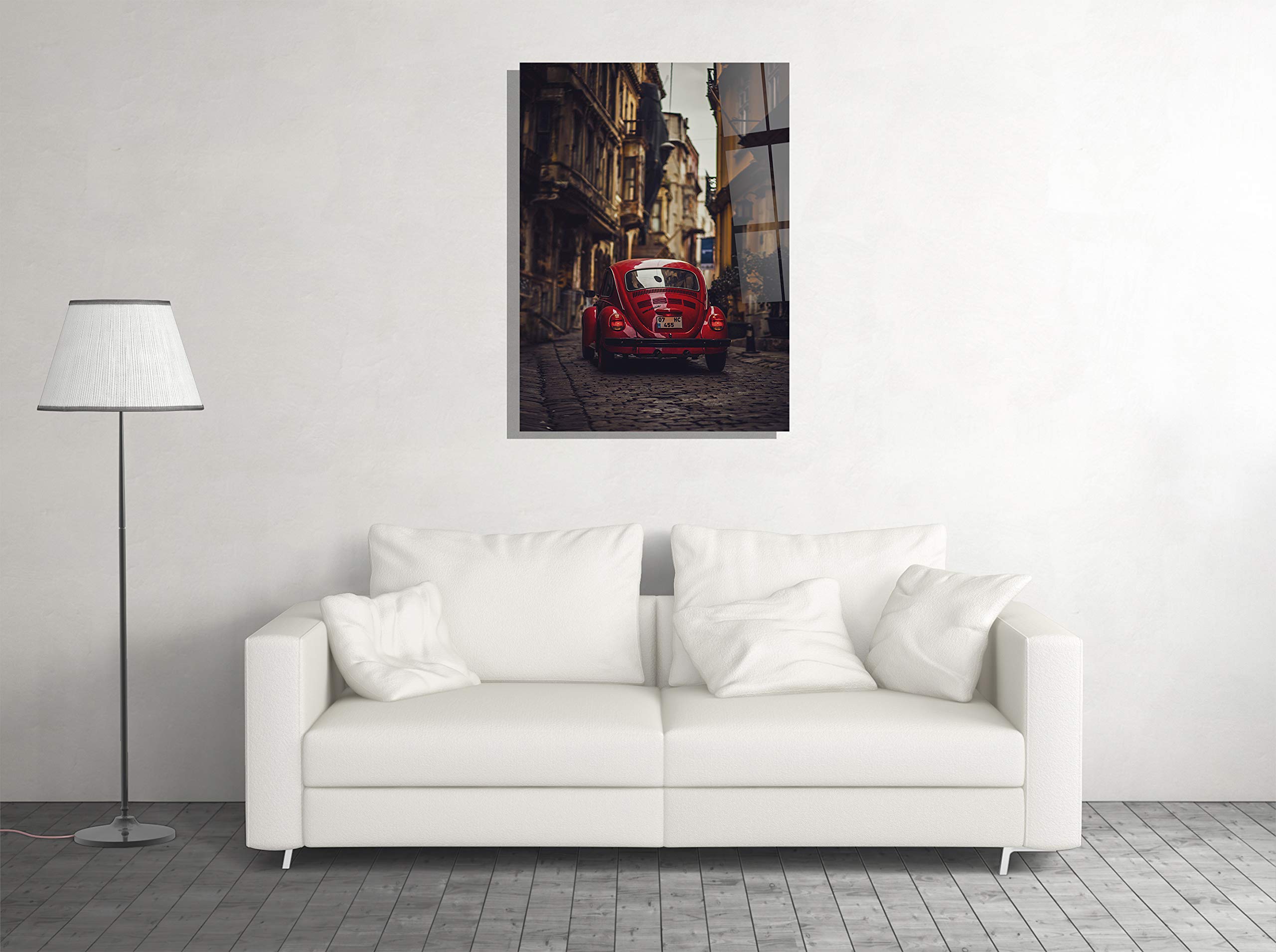 Vintage Red Car Old City View Narrow Street Houses Tempered Glass Wall Art - Modern Home Decor, Office & Hotel Decoration - Unique Gift Idea (24x36) - Perfect for Living Rooms, Bedrooms & Workspaces